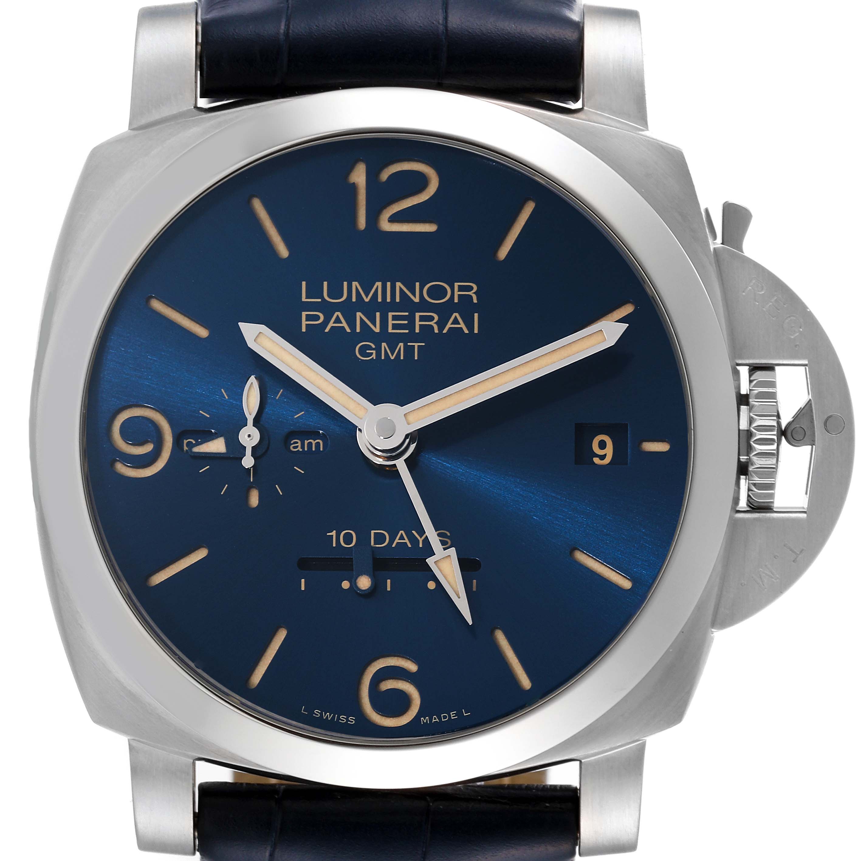 The image shows a front view of the Panerai Luminor PAM00986 Men's Stainless Steel Blue Dial PAM00986 Men's Stainless Steel Blue Dial GMT watch, highlighting its blue dial, crown guard, and leather strap attachment.