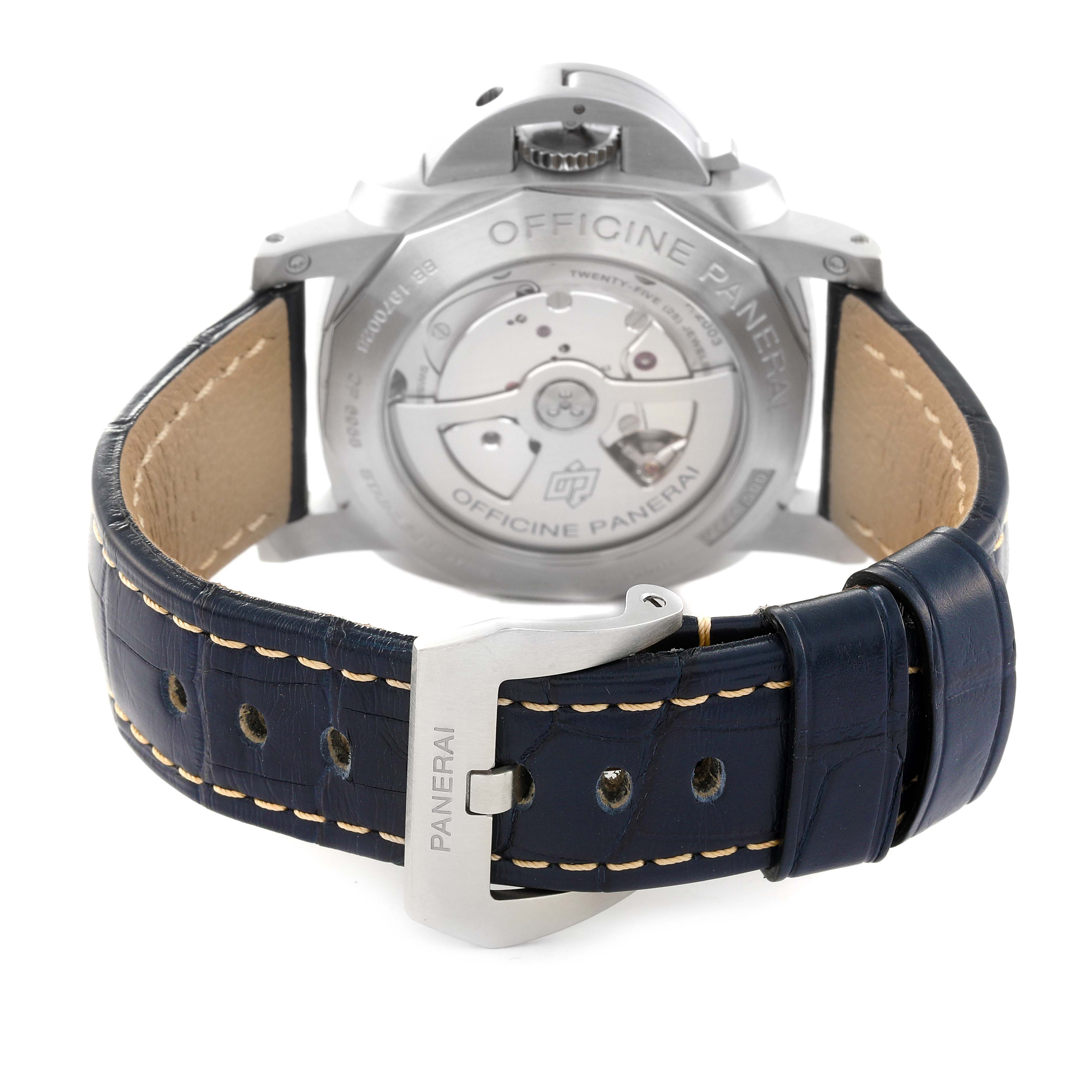 This image shows the back view of a Panerai Luminor PAM00986 Men's Stainless Steel Blue Dial PAM00986 Men's Stainless Steel Blue Dial watch and its blue leather strap with a buckle.