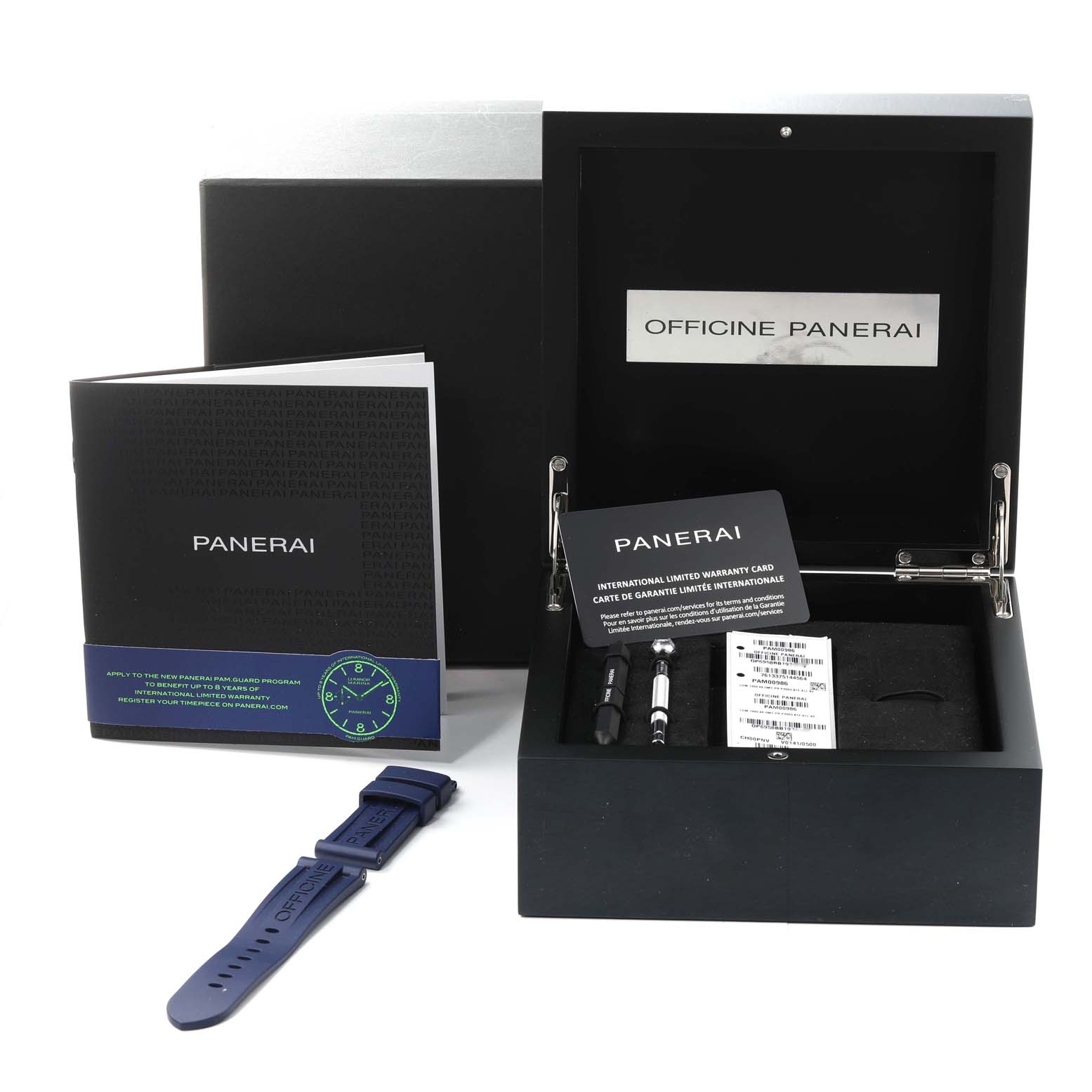 The image shows the packaging, warranty card, extra strap, and tools for the Panerai Luminor PAM00986 Men's Stainless Steel Blue Dial PAM00986 Men's Stainless Steel Blue Dial model watch.