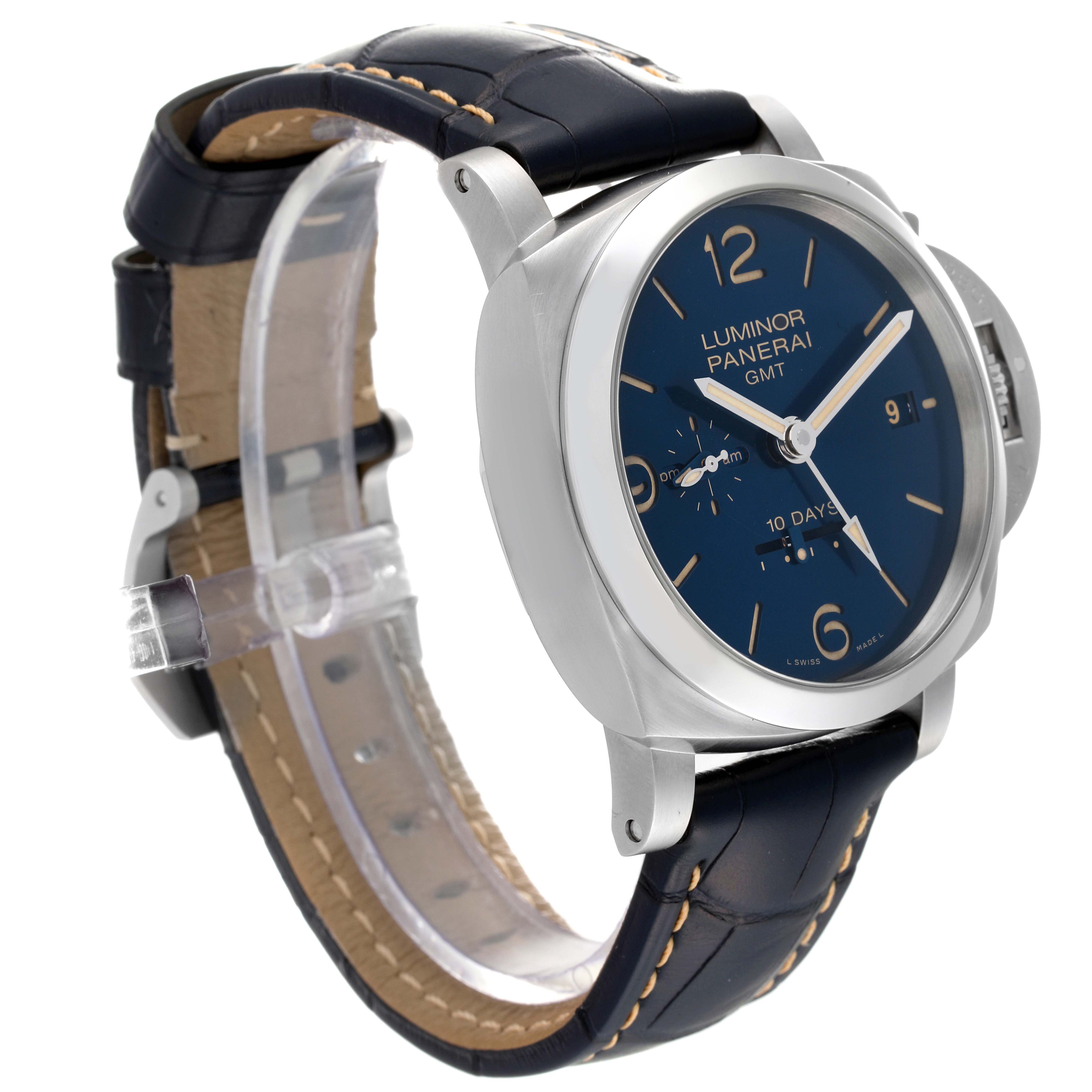 The image shows a Panerai Luminor PAM00986 Men's Stainless Steel Blue Dial PAM00986 Men's Stainless Steel Blue Dial watch angled to display the face, bezel, strap, and crown protector.