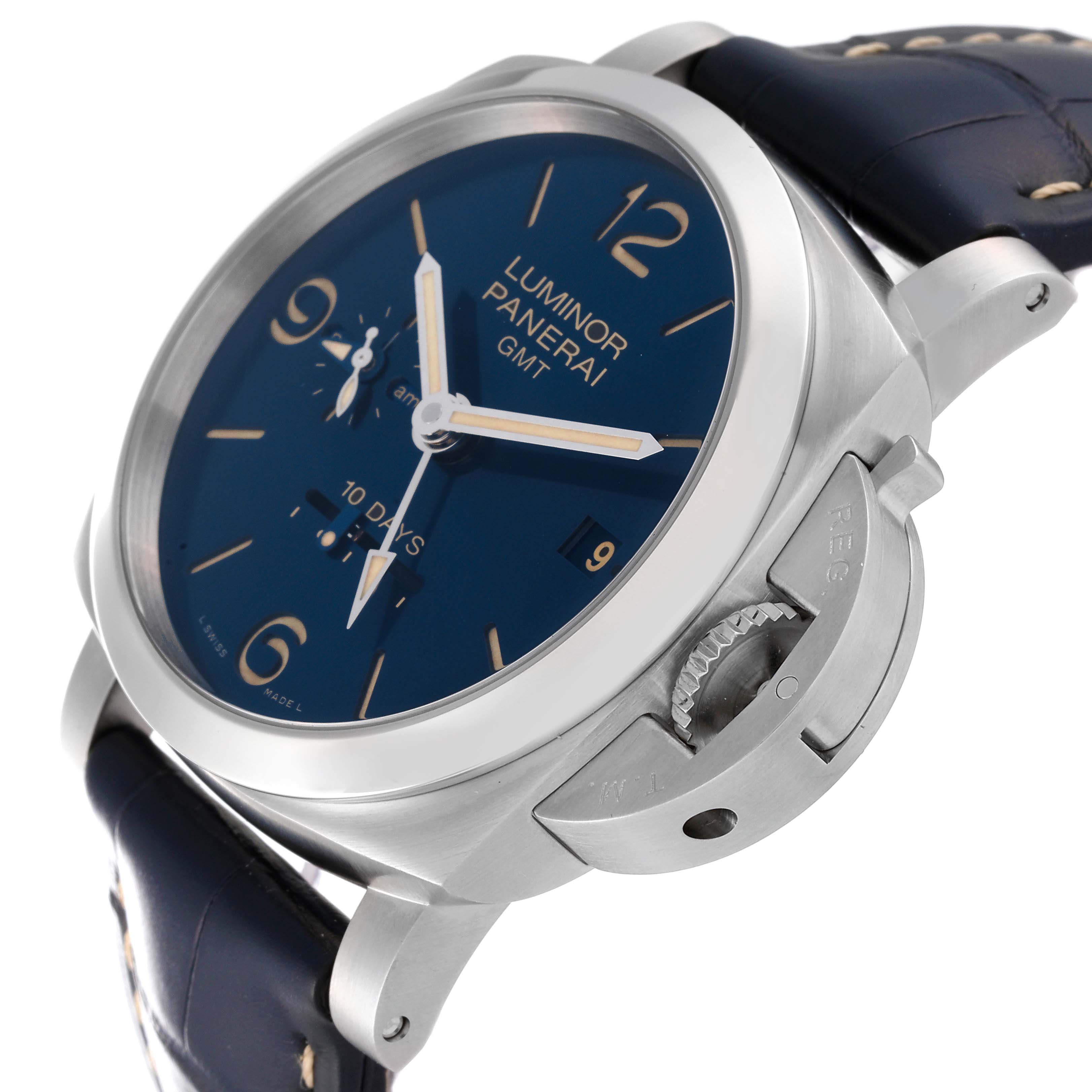 This image shows a close-up side angle of a Panerai Luminor PAM00986 Men's Stainless Steel Blue Dial PAM00986 Men's Stainless Steel Blue Dial watch displaying its dial, crown guard, and leather strap.