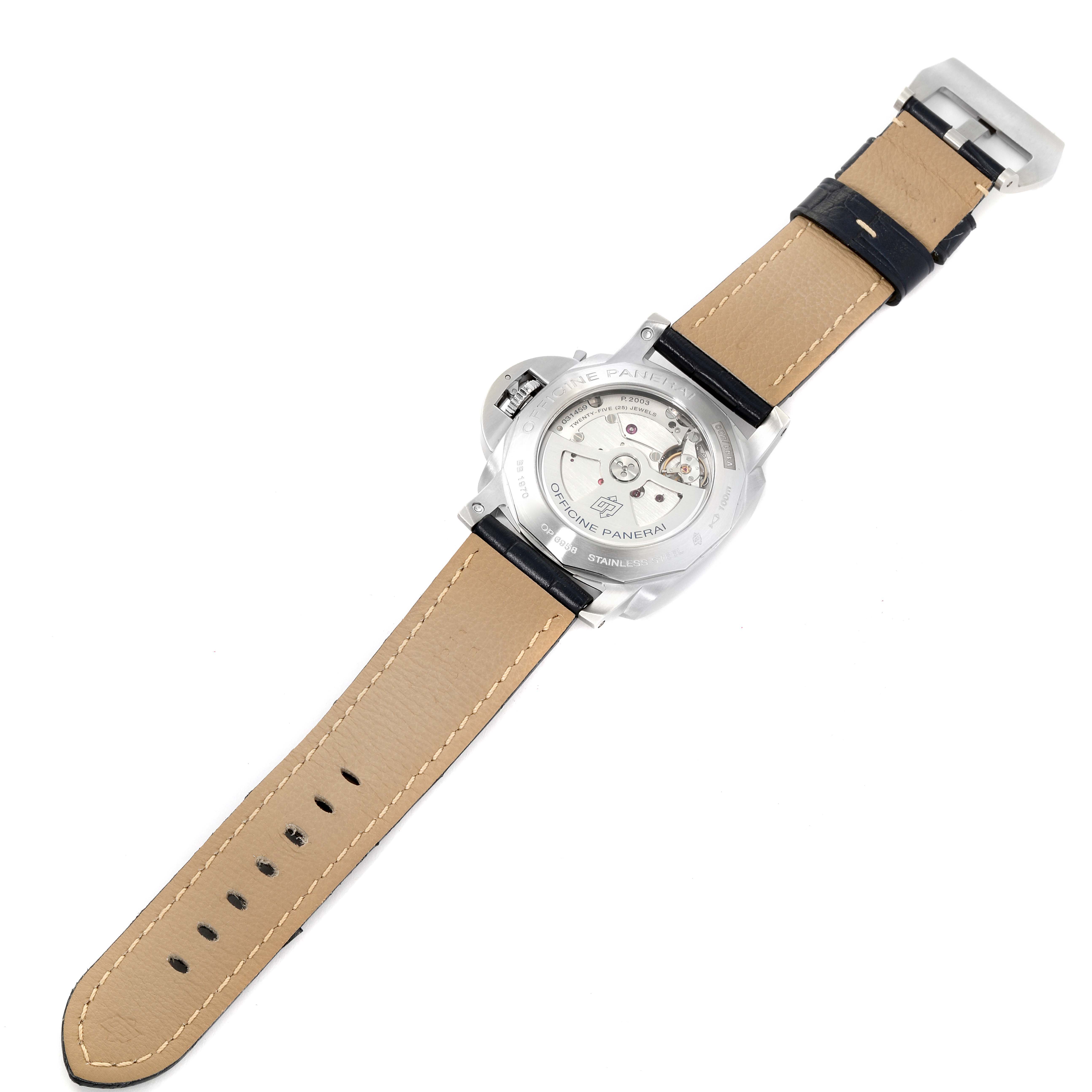 This image shows the back view of a Luminor Panerai watch, highlighting the watch's inner mechanics and leather strap.