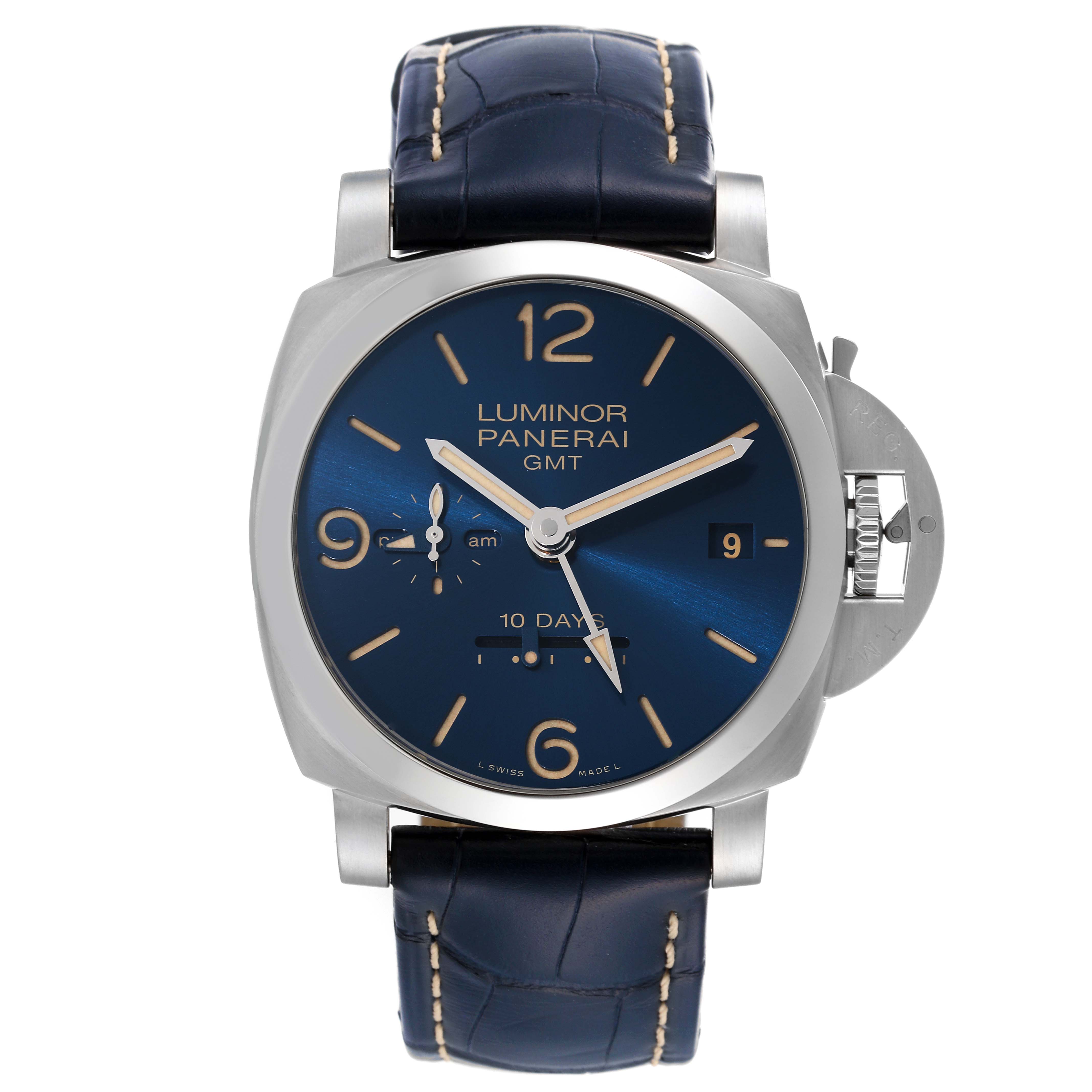 The image shows a frontal view of the Panerai Luminor PAM00986 Men's Stainless Steel Blue Dial PAM00986 Men's Stainless Steel Blue Dial watch showcasing its blue dial, leather strap, and distinctive crown guard.