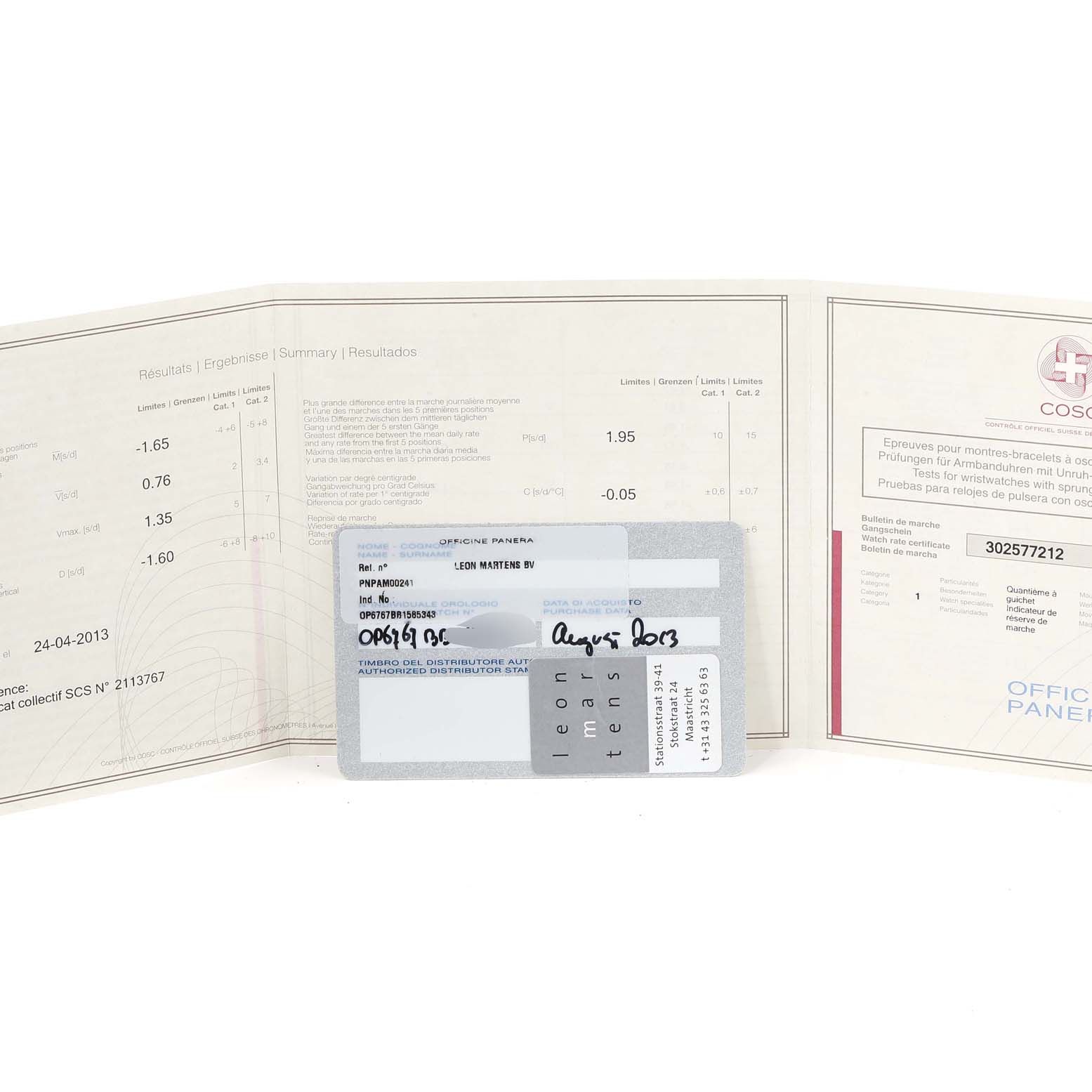 This image shows the warranty card and certification papers for a Panerai Luminor PAM00241 Men
s Stainless Steel Black Dial PAM00241 Men
s Stainless Steel Black Dial watch.