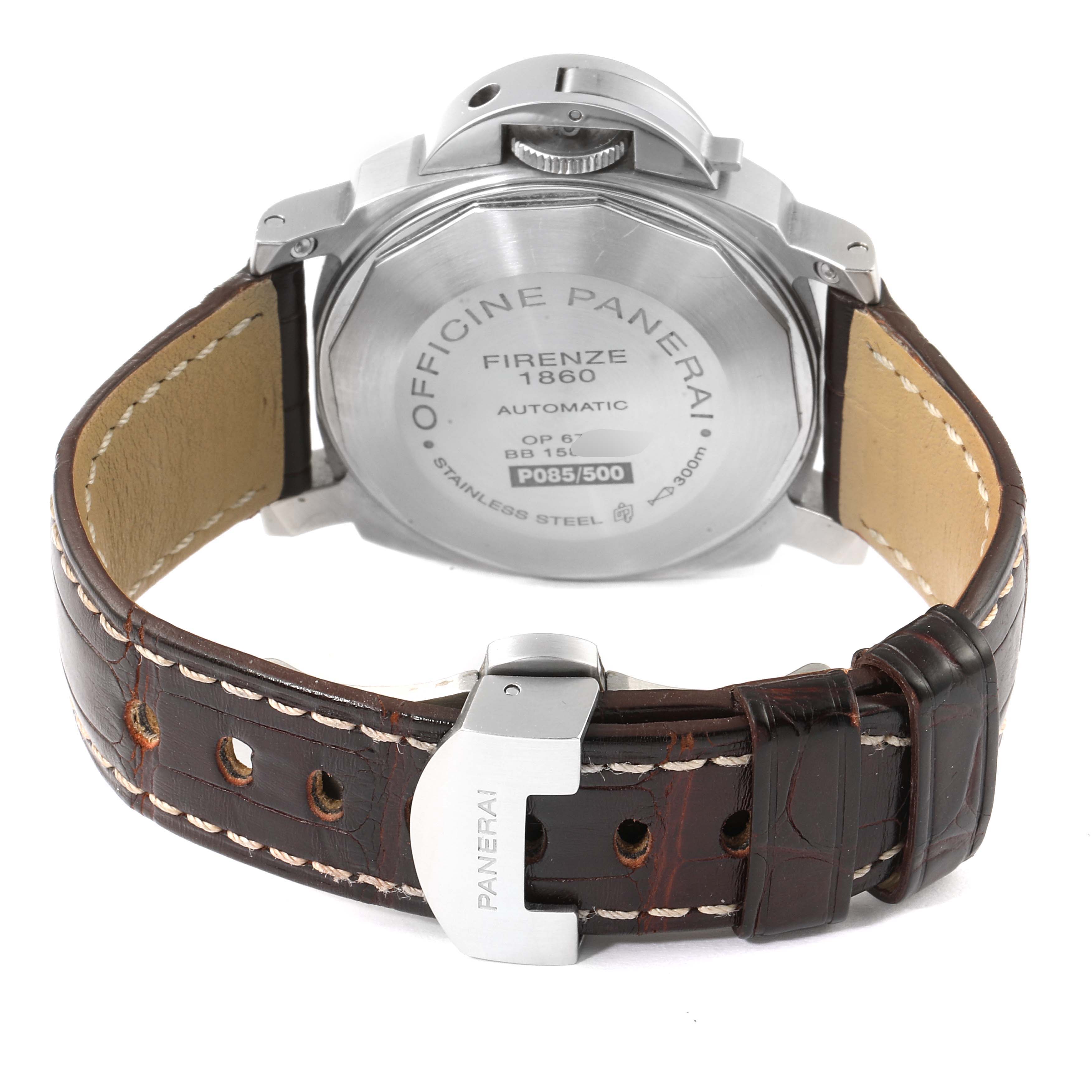 The image displays the back view of a Panerai Luminor PAM00241 Men
s Stainless Steel Black Dial PAM00241 Men
s Stainless Steel Black Dial watch, showcasing the case back, crown guard, and brown leather strap.