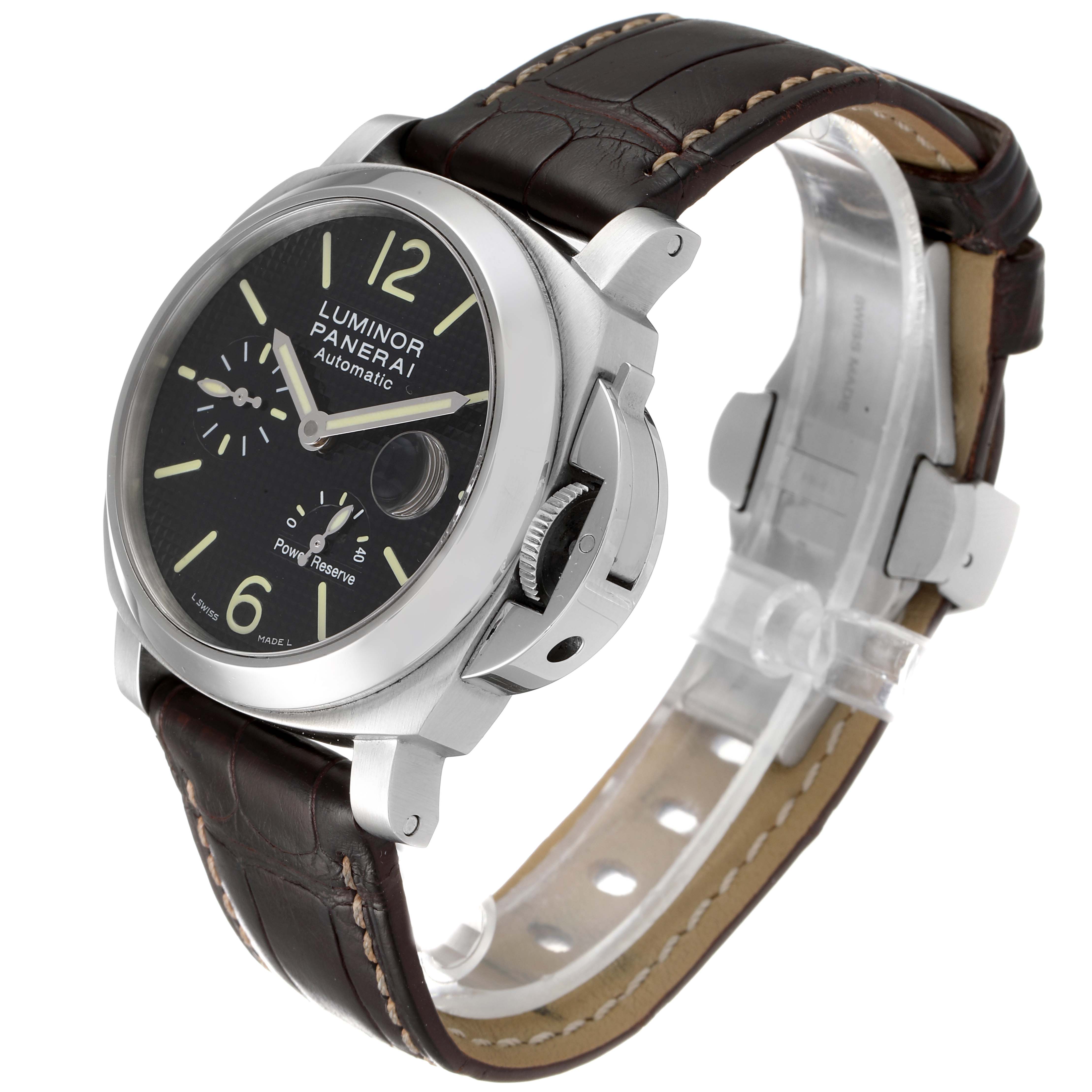 The image shows a Panerai Luminor PAM00241 Men
s Stainless Steel Black Dial PAM00241 Men
s Stainless Steel Black Dial watch at an angle highlighting its face, bezel, crown guard, and leather strap.