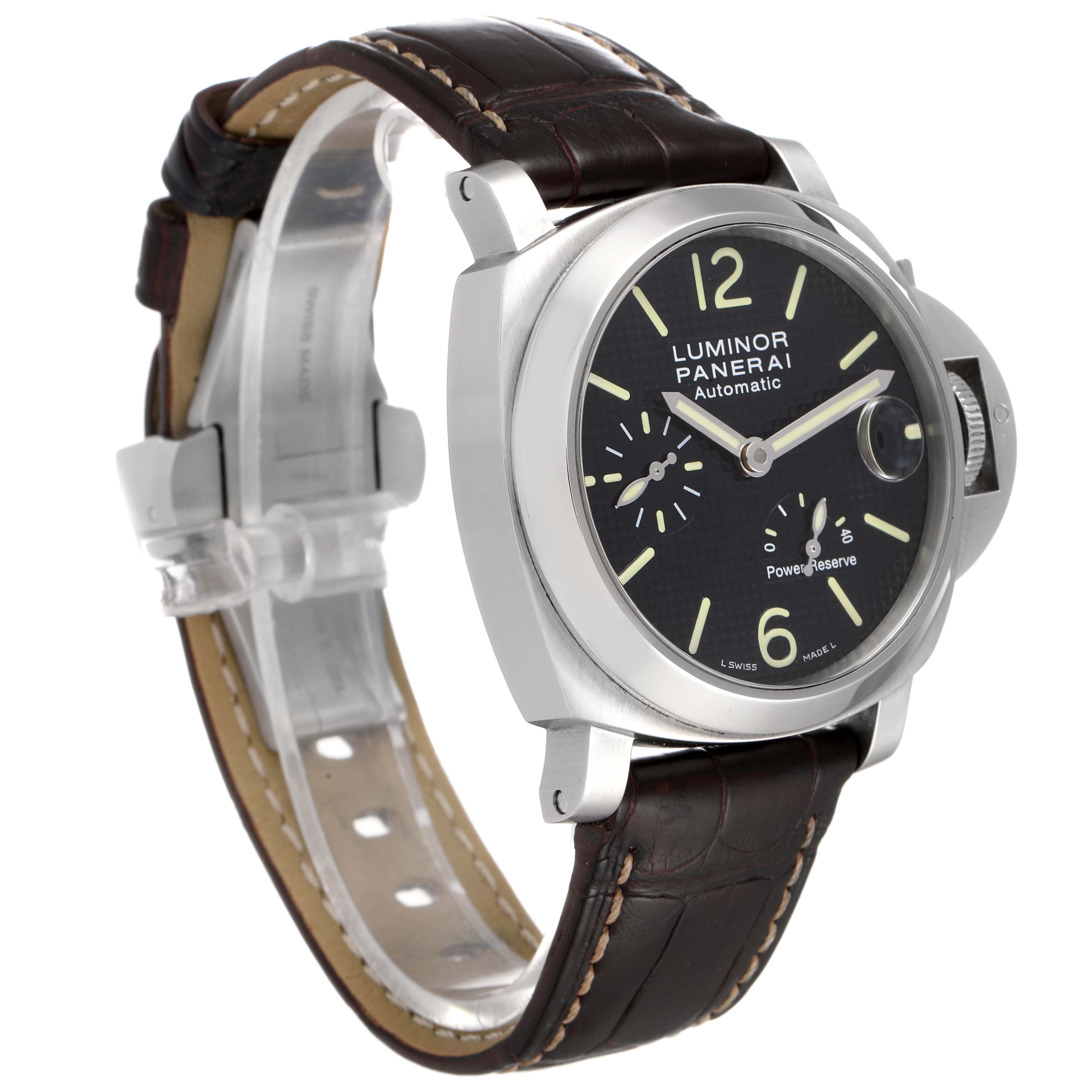This image shows a side and angled view of a Panerai Luminor PAM00241 Men
s Stainless Steel Black Dial PAM00241 Men
s Stainless Steel Black Dial watch face and strap.