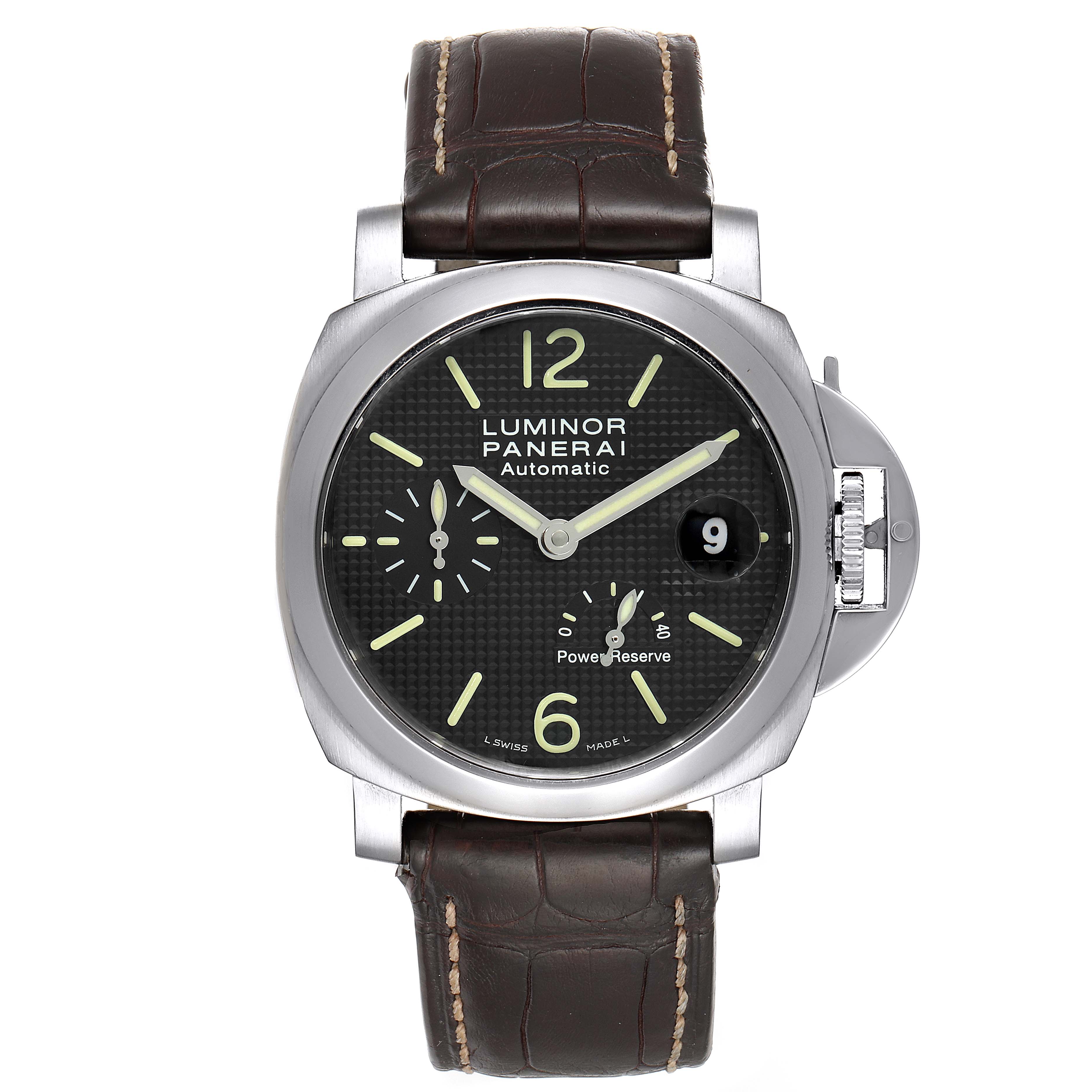 This Panerai Luminor PAM00241 Men
s Stainless Steel Black Dial PAM00241 Men
s Stainless Steel Black Dial watch is shown from the front, displaying the dial, hour markers, hands, date, and power reserve indicator.