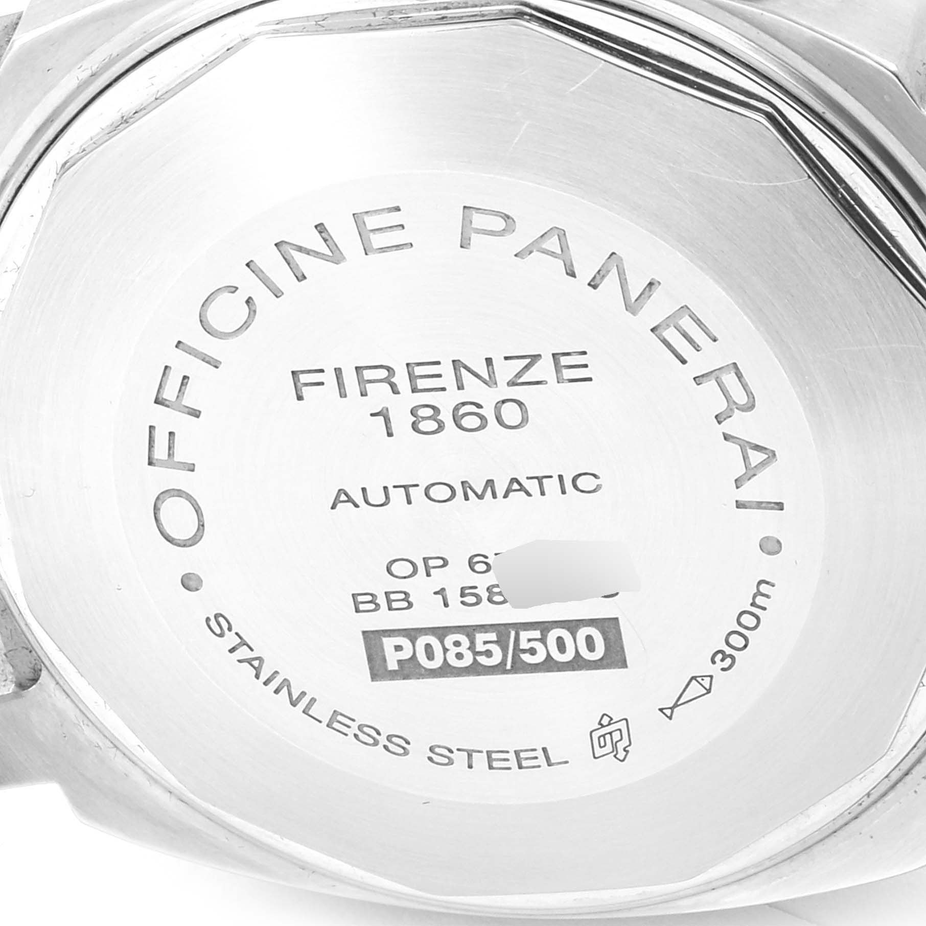 This image shows the back of a Panerai Luminor PAM00241 Men
s Stainless Steel Black Dial PAM00241 Men
s Stainless Steel Black Dial watch, displaying its engravings and specifications.