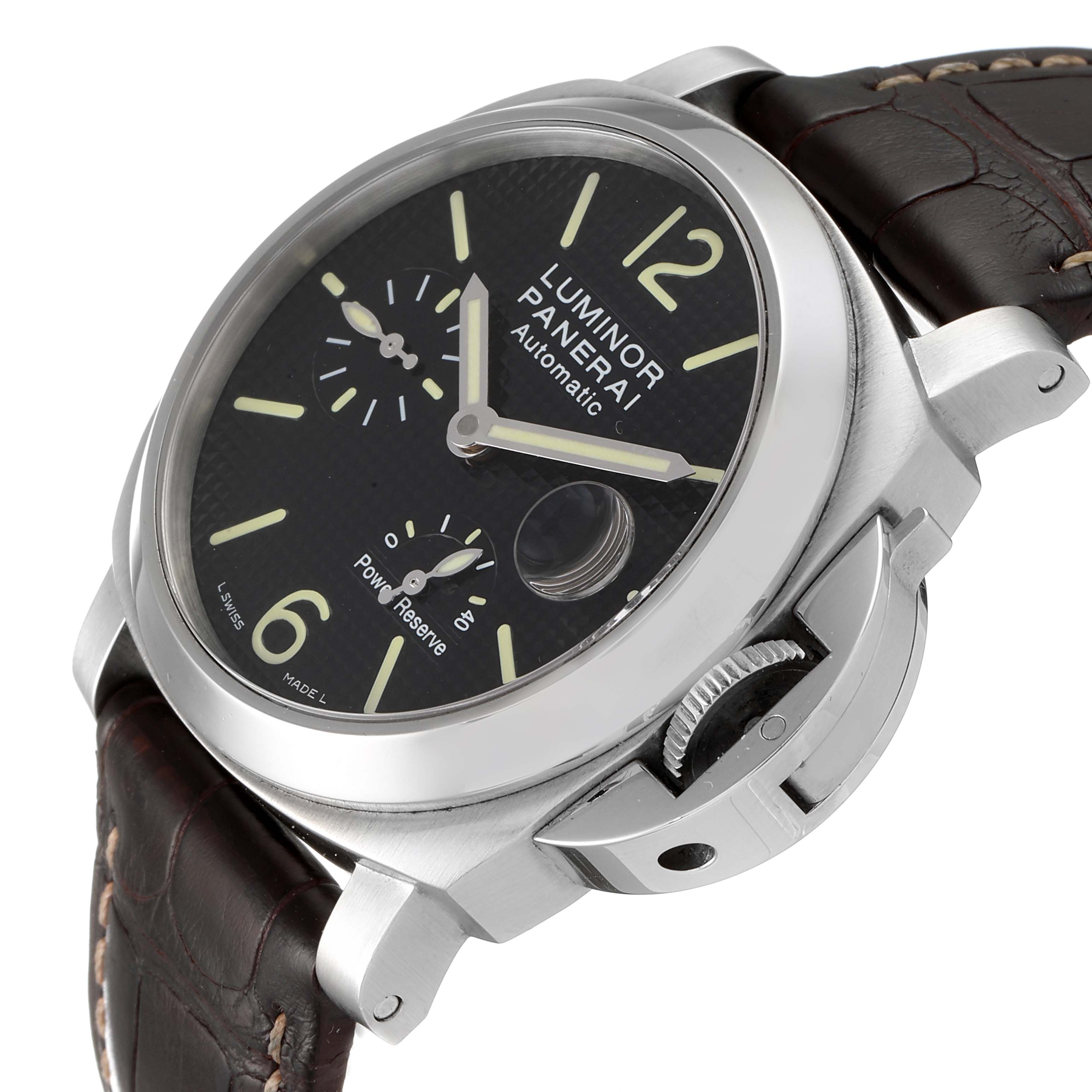 The image shows a close-up side angle of a Panerai Luminor PAM00241 Men
s Stainless Steel Black Dial PAM00241 Men
s Stainless Steel Black Dial watch, highlighting the dial, crown guard, and leather strap.