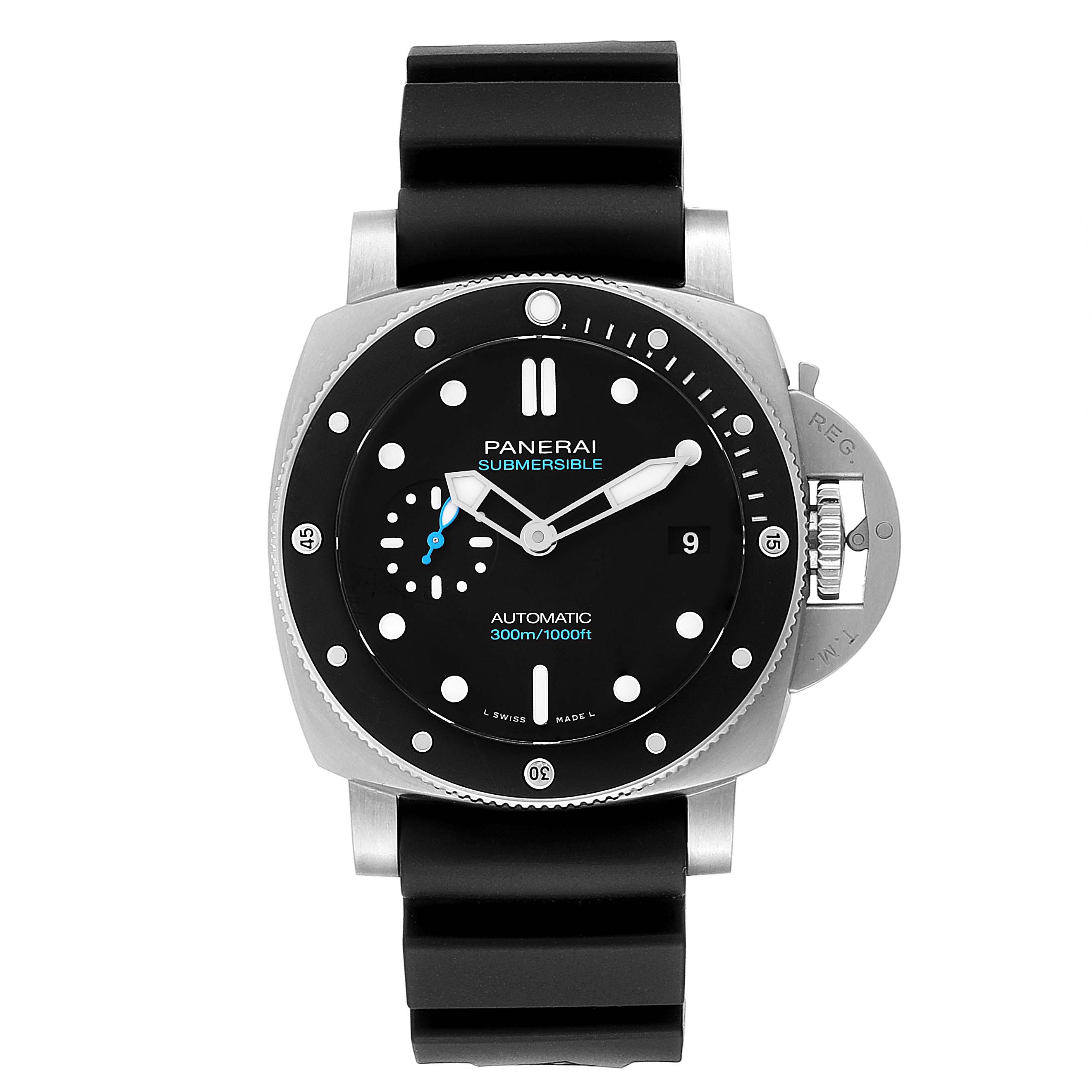 The image shows a front view of the Panerai Submersible PAM00683 Men's Stainless Steel Black Dial PAM00683 Men's Stainless Steel Black Dial watch, highlighting the dial, bezel, and rubber strap.