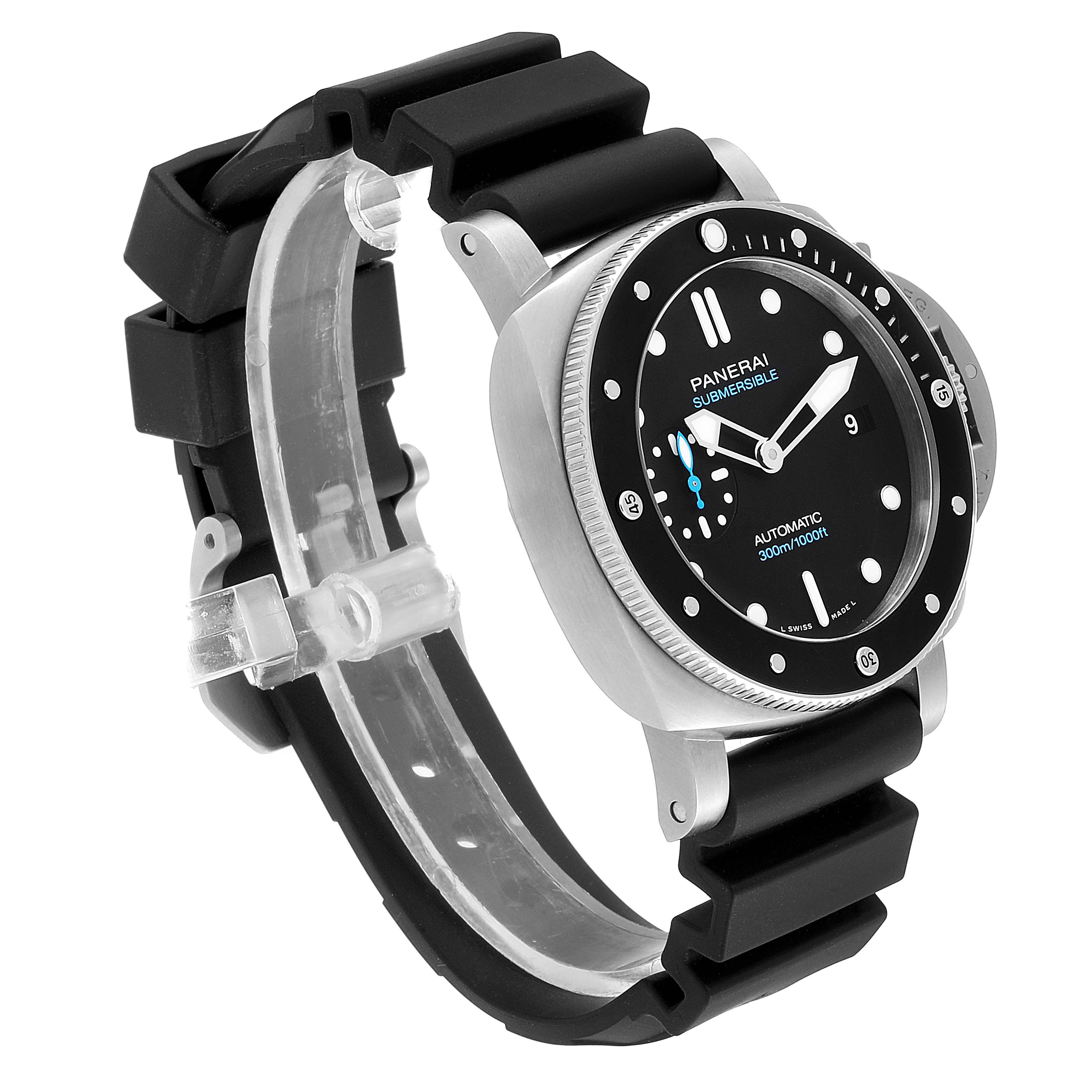 The image shows a Panerai Submersible PAM00683 Men's Stainless Steel Black Dial PAM00683 Men's Stainless Steel Black Dial watch from a side angle, highlighting the face, bezel, and rubber strap.