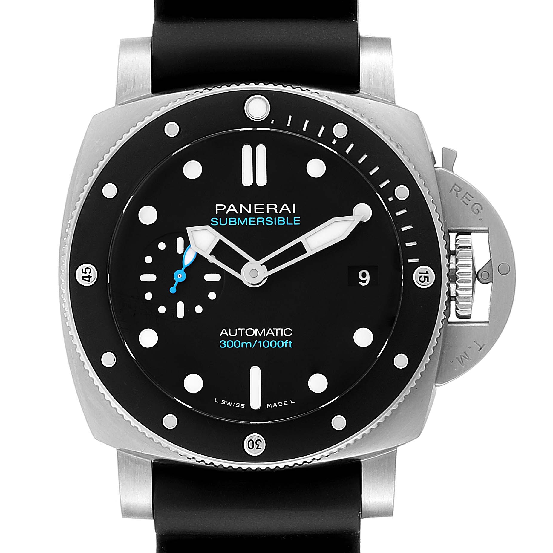 The image shows a front view of the Panerai Submersible PAM00683 Men's Stainless Steel Black Dial PAM00683 Men's Stainless Steel Black Dial watch, displaying the dial, bezel, crown guard, and strap.