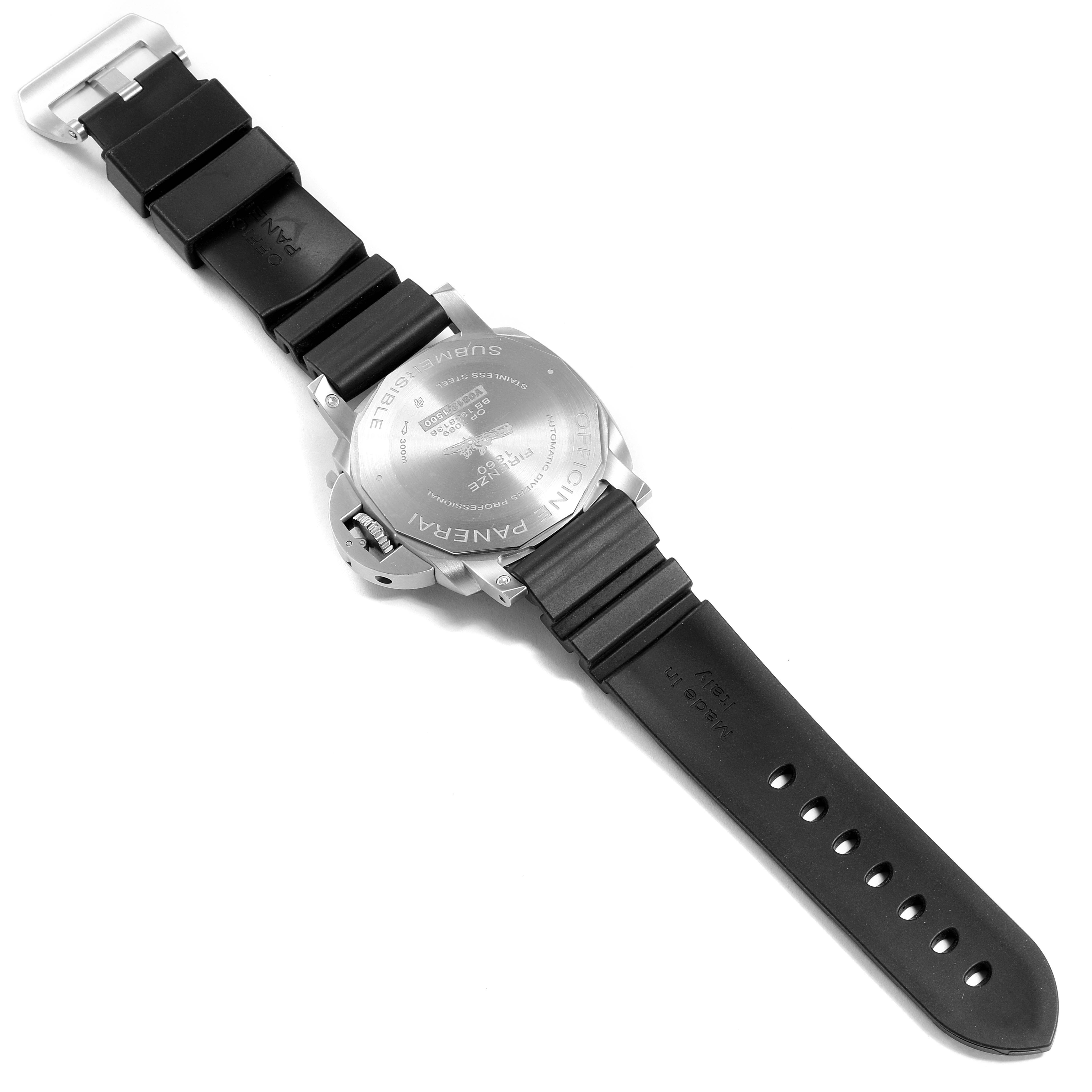 The image shows the back view of a Panerai Submersible PAM00683 Men's Stainless Steel Black Dial PAM00683 Men's Stainless Steel Black Dial watch, highlighting its case back and black rubber strap.