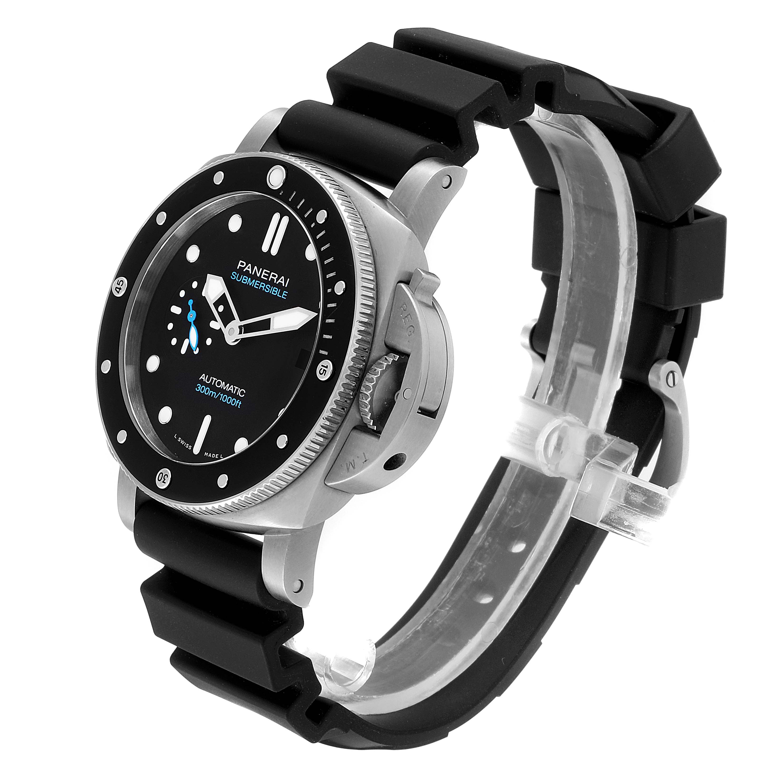 The Panerai Submersible PAM00683 Men's Stainless Steel Black Dial PAM00683 Men's Stainless Steel Black Dial watch is shown at a slight angle, highlighting the dial, bezel, and rubber strap.
