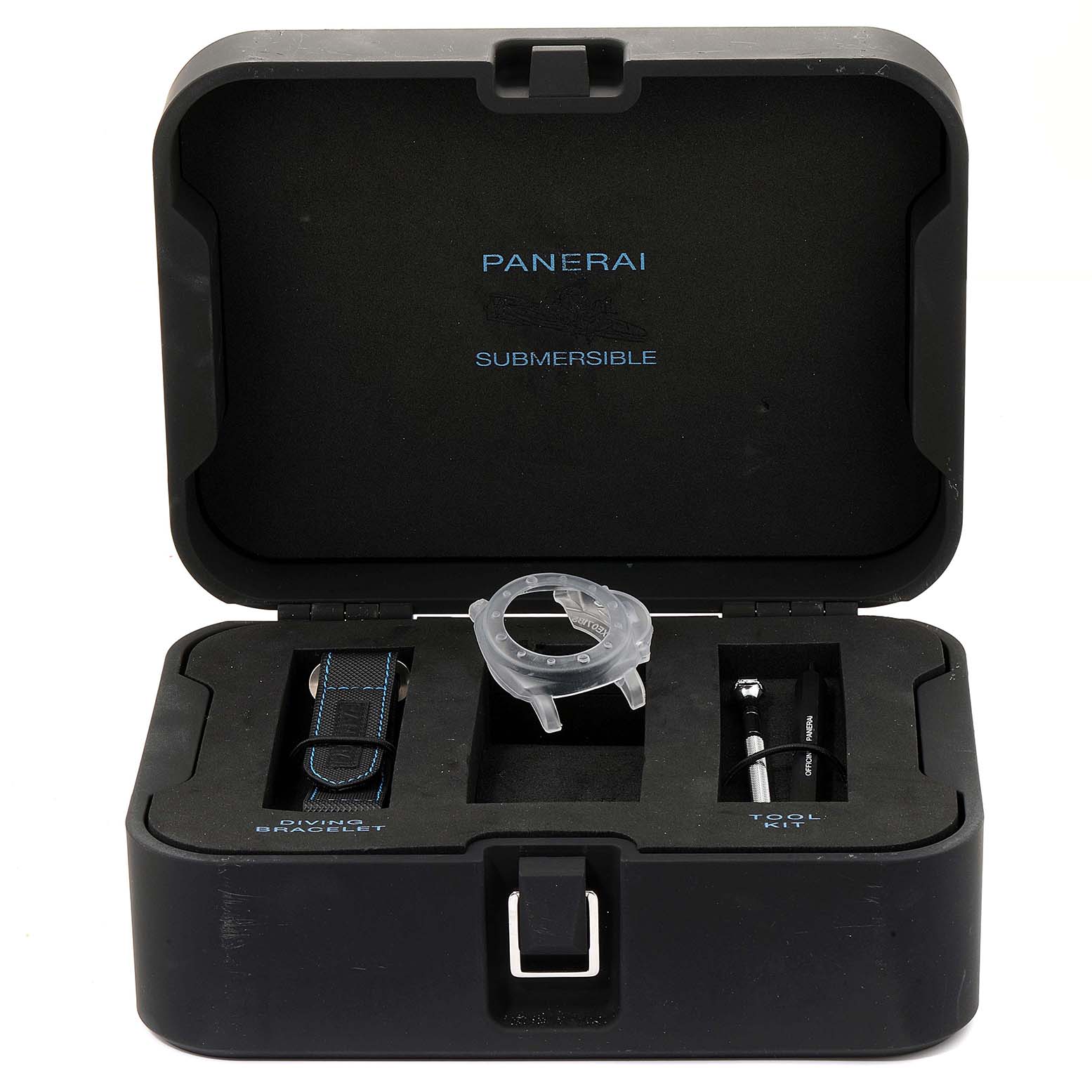 The image shows a top view of a Panerai Submersible PAM00683 Men's Stainless Steel Black Dial PAM00683 Men's Stainless Steel Black Dial watch case with accessories including a dive bracelet and a tool kit.