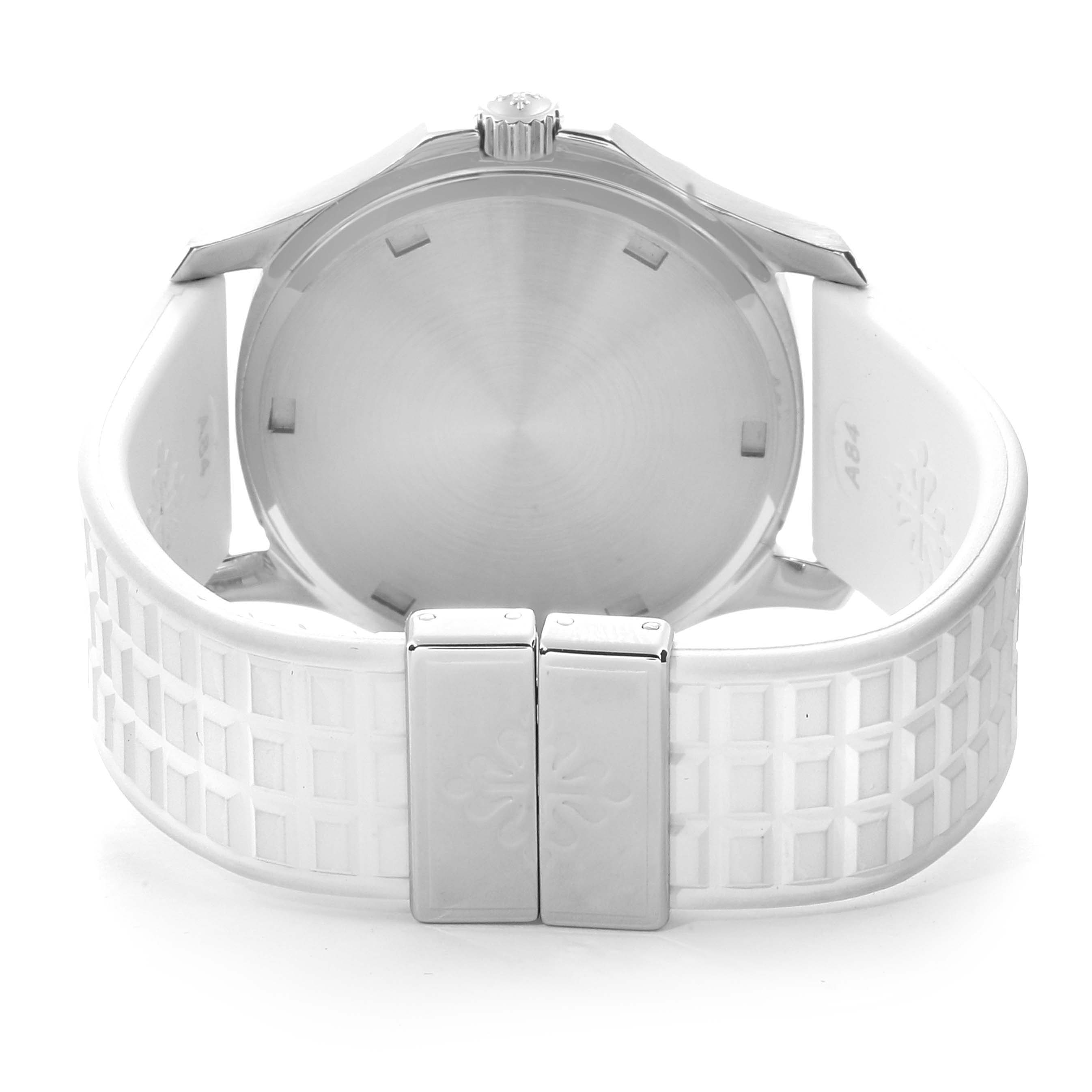 The image shows the back and buckle of the Patek Philippe Aquanaut 5067 Women's Stainless Steel White Dial 5067 Women's Stainless Steel White Dial watch, with a white strap and stainless steel clasp.