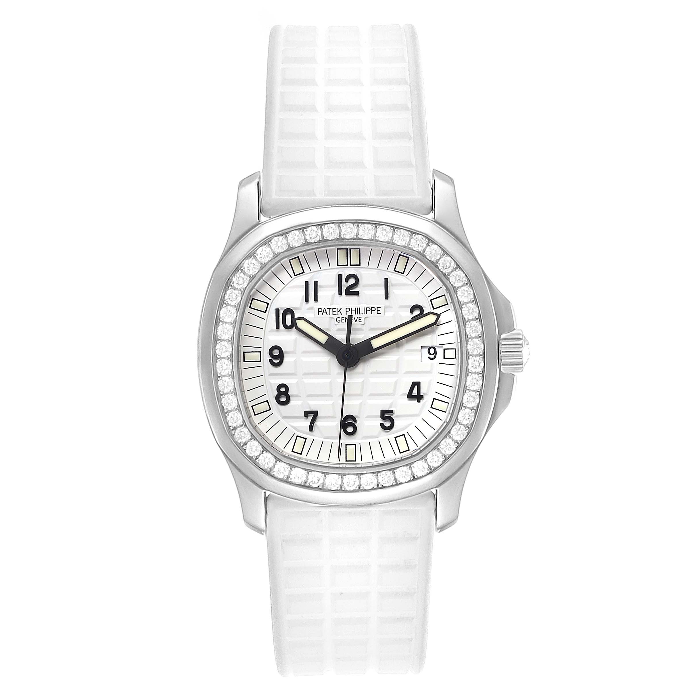 This image shows a frontal view of the Patek Philippe Aquanaut 5067 Women's Stainless Steel White Dial 5067 Women's Stainless Steel White Dial watch, highlighting the dial, bezel, and white strap.