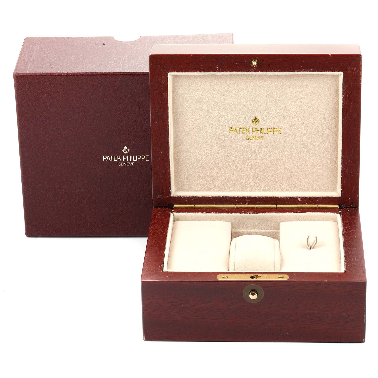 The image shows a Patek Philippe Aquanaut 5067 Women's Stainless Steel White Dial 5067 Women's Stainless Steel White Dial watch box, opened to reveal the cushioned interior, with the Patek Philippe logo visible inside the lid.