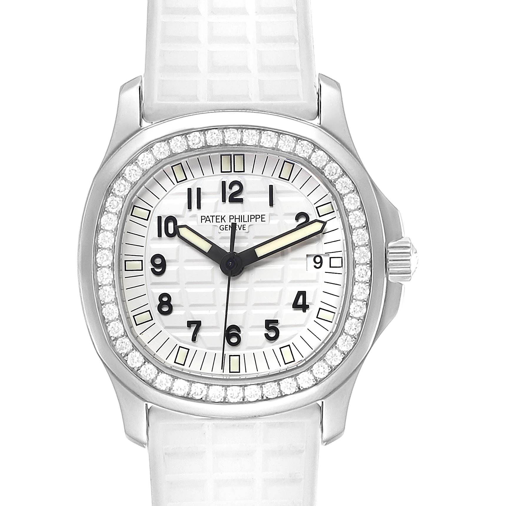 The Patek Philippe Aquanaut 5067 Women's Stainless Steel White Dial 5067 Women's Stainless Steel White Dial watch is shown in a front view, featuring a white dial, diamond bezel, and white strap.