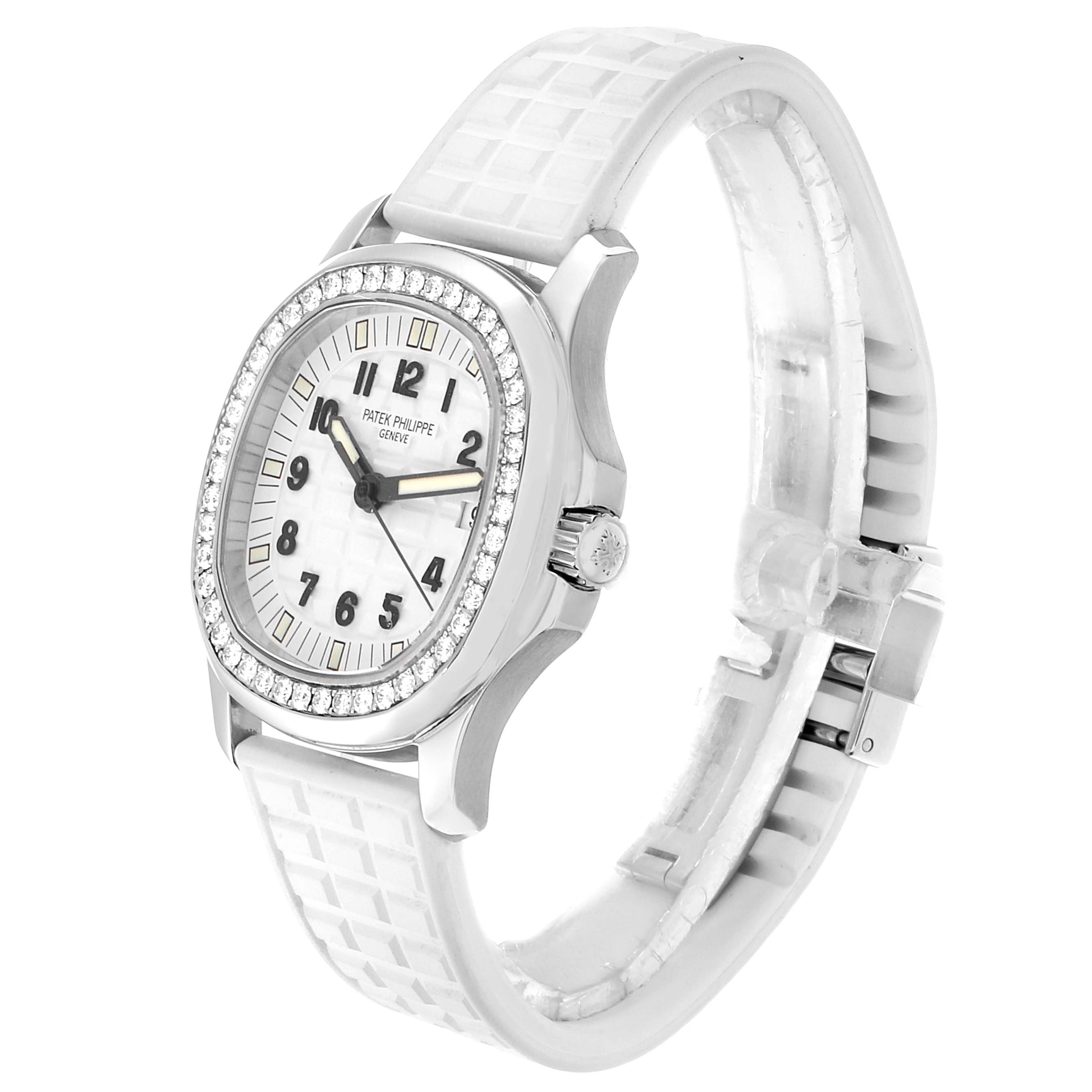The Patek Philippe Aquanaut 5067 Women's Stainless Steel White Dial 5067 Women's Stainless Steel White Dial watch is shown at a three-quarter angle, highlighting the bezel, dial, and strap.