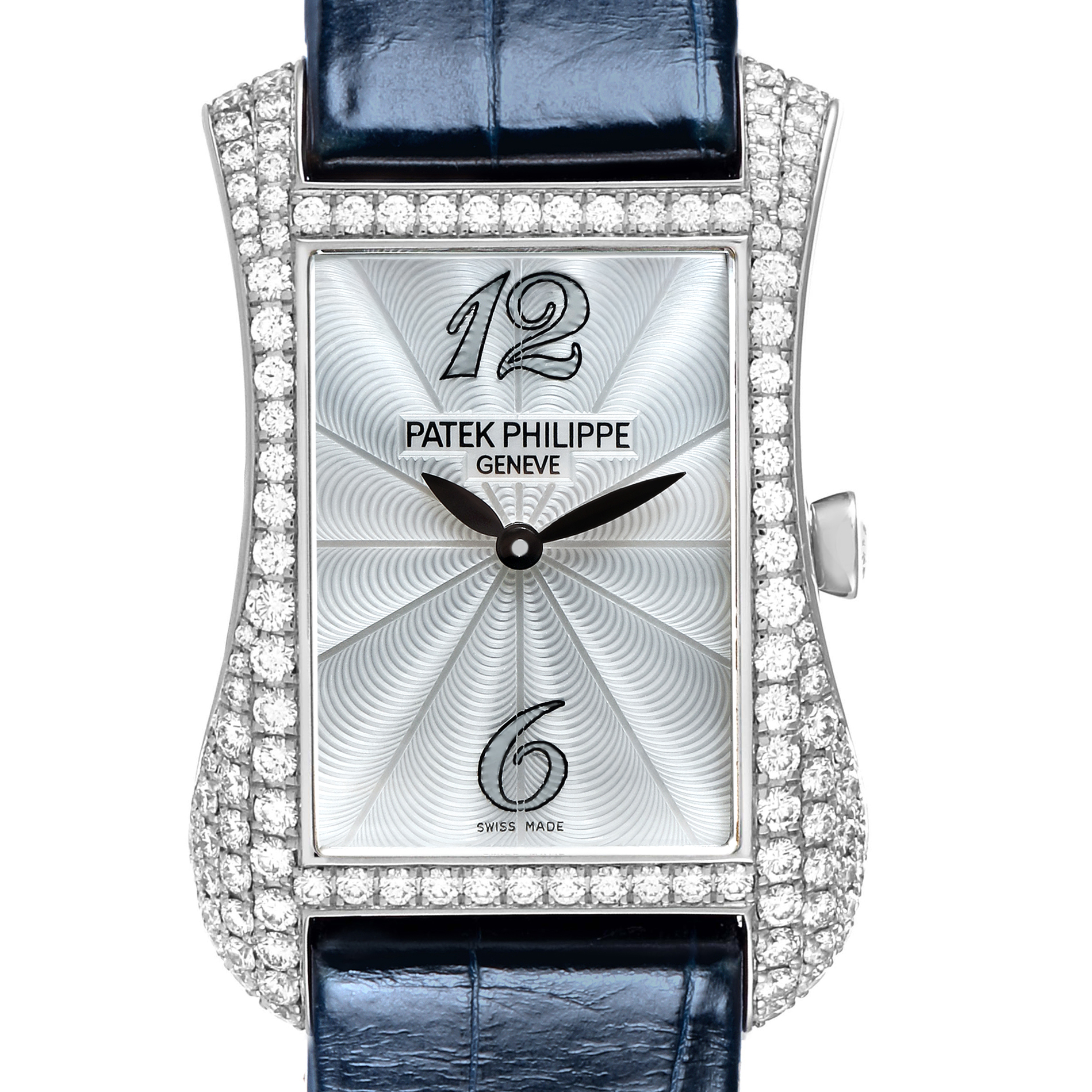 The Patek Philippe Gondolo 4972G-001 Women
s White Gold Mother of Pearl Dial watch is shown from a front angle, highlighting the diamond-encrusted bezel and guilloché dial.