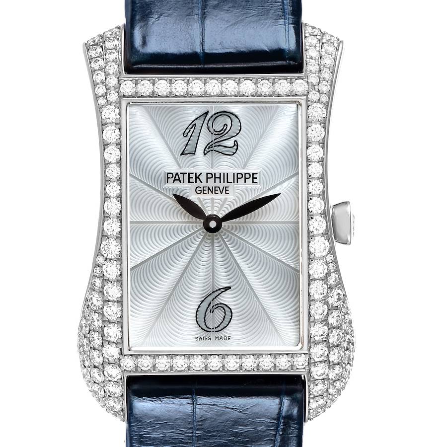 The Patek Philippe Gondolo 4972G-001 Women's White Gold Mother of Pearl Dial watch is shown from a front angle, highlighting the diamond-encrusted bezel and guilloché dial.
