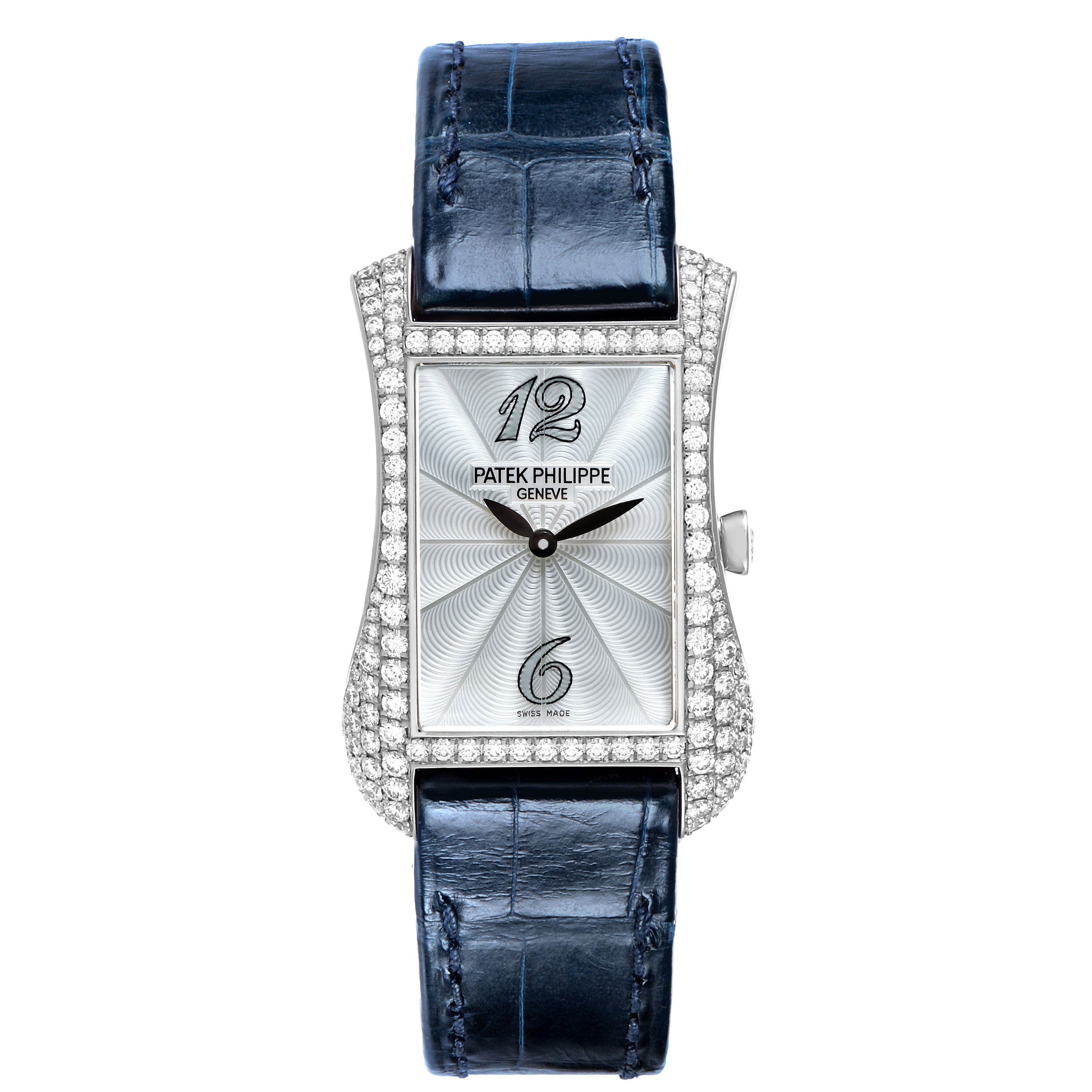 The Patek Philippe Gondolo 4972G-001 Women
s White Gold Mother of Pearl Dial watch is displayed from a top-down view, showing its diamond-studded case and blue leather strap.