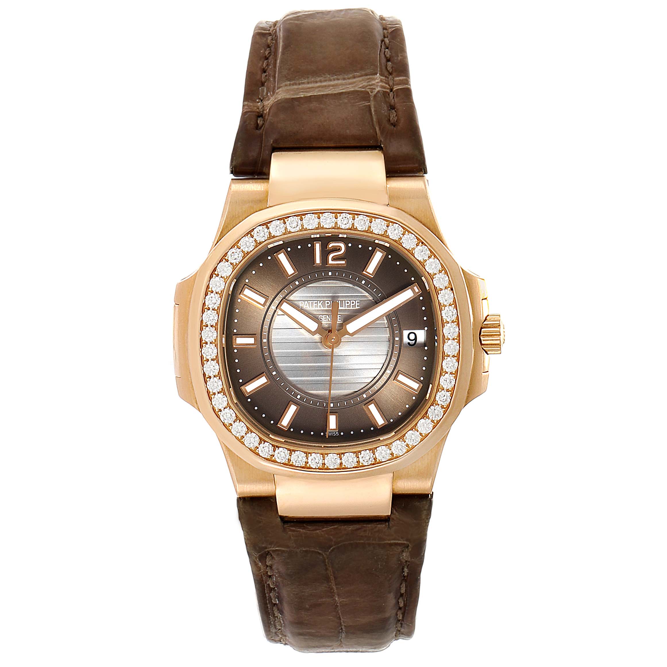 Patek Philippe Nautilus Rose Gold Diamond Brown Strap Ladies Watch 7010 ...