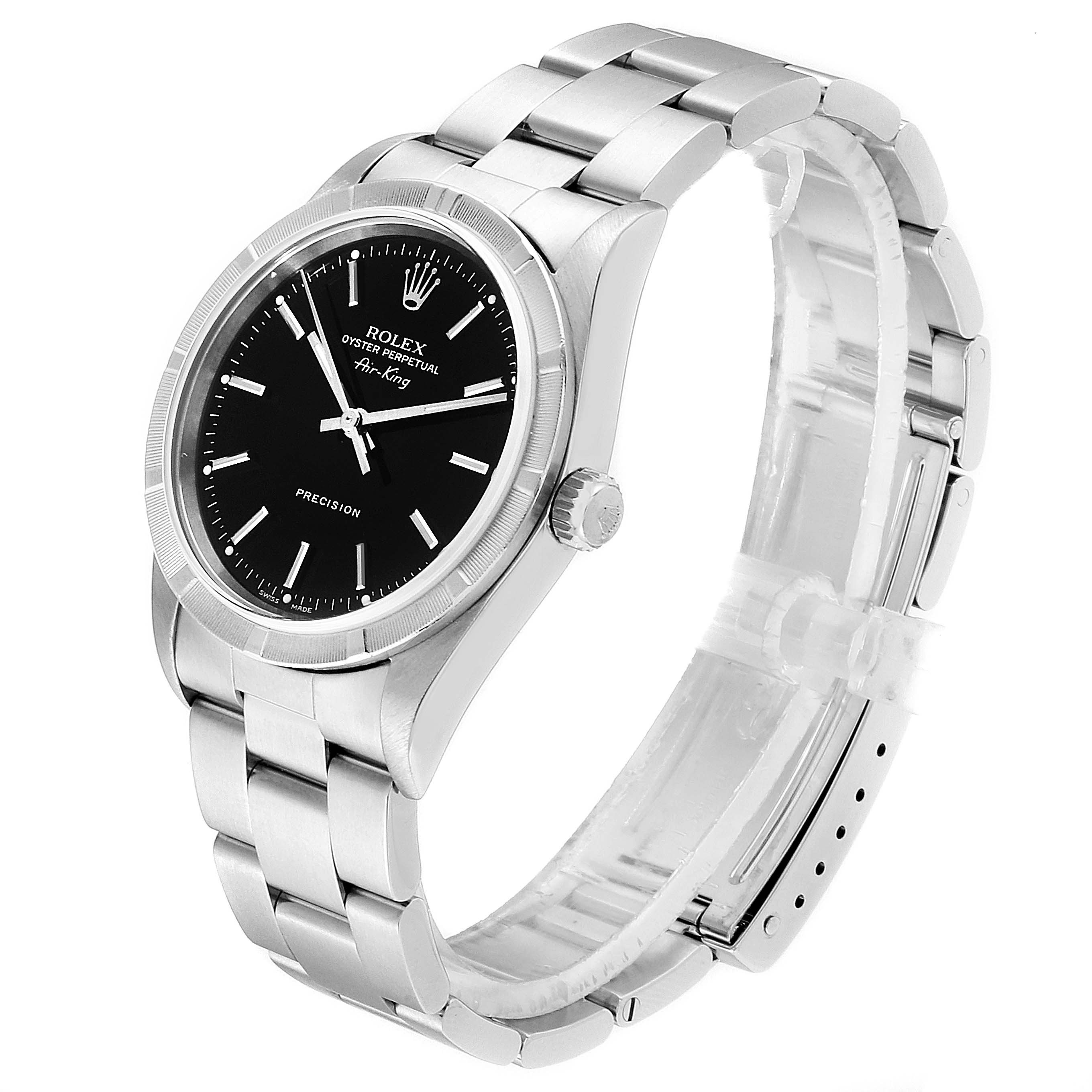 This image shows a Rolex Air-King 14010 Men's Stainless Steel Black Dial 14010 Men's Stainless Steel Black Dial watch at a three-quarter angle, displaying the face, bezel, crown, and bracelet.