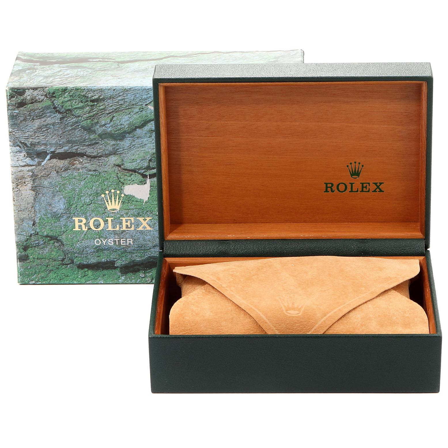 The image shows an open Rolex watch box with a green outer box and a tan suede pouch inside, associated with the Air-King model.