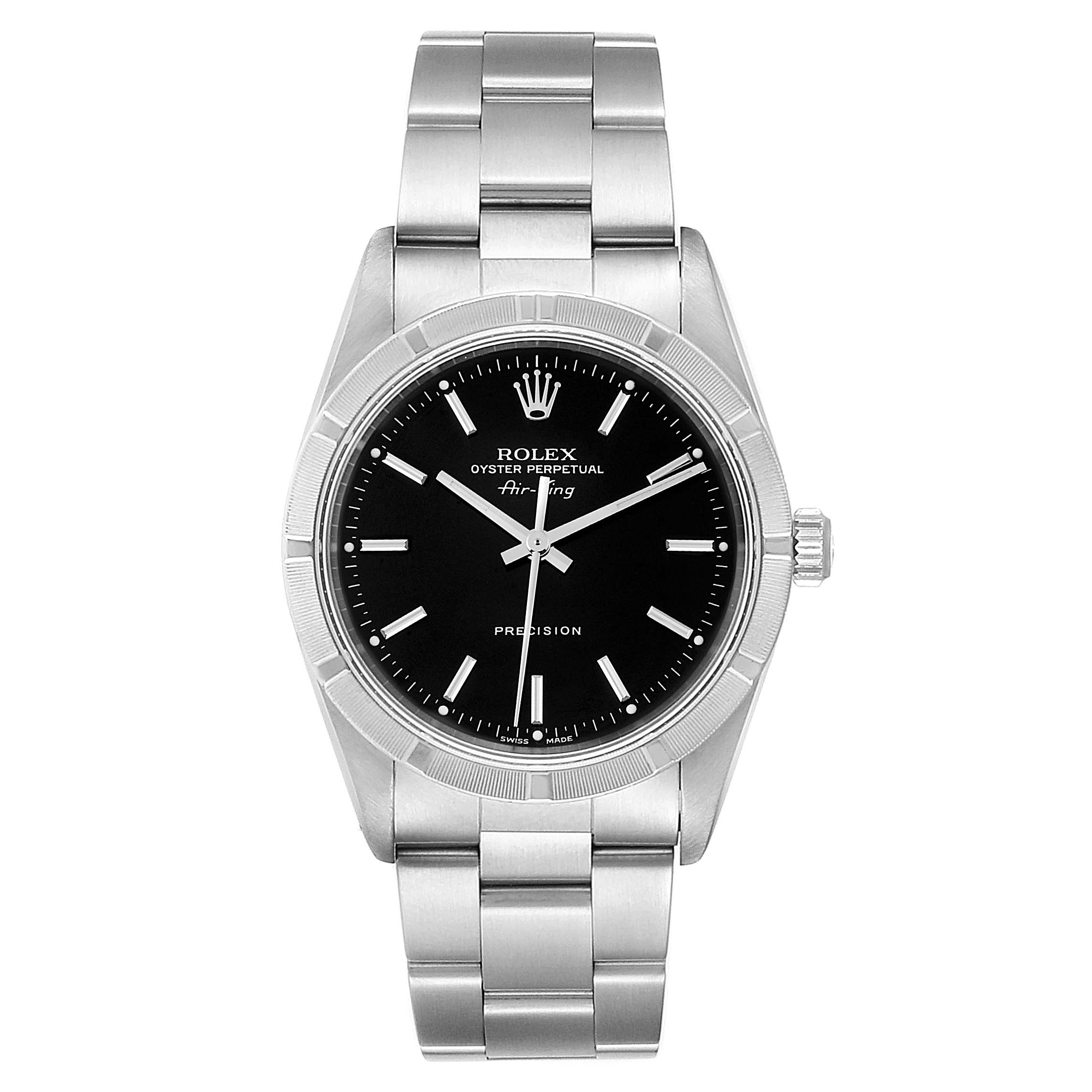 The image shows a Rolex Air-King 14010 Men's Stainless Steel Black Dial 14010 Men's Stainless Steel Black Dial watch, featuring a front view of the dial, bezel, case, and bracelet.