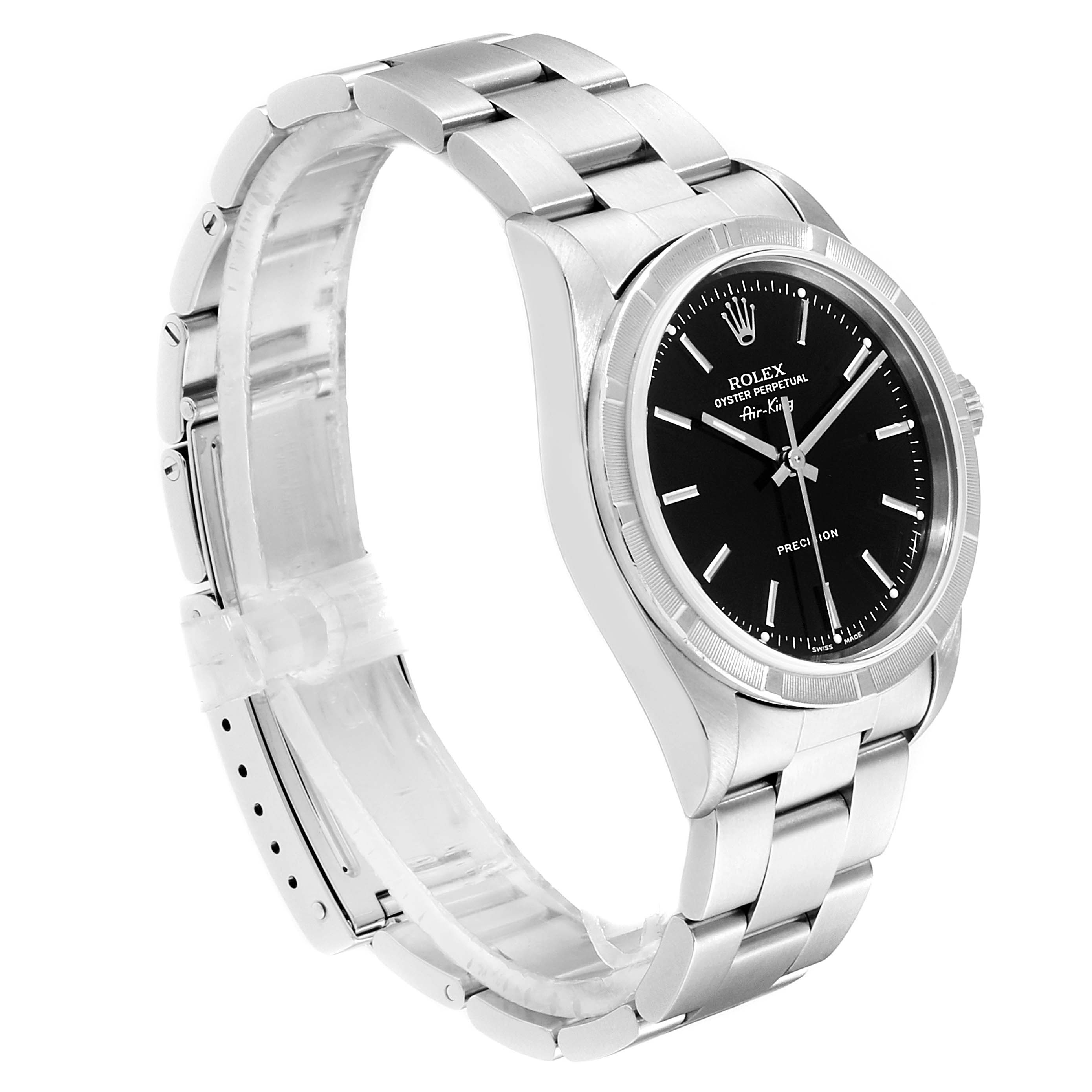 The image shows a side angle view of a Rolex Air-King 14010 Men's Stainless Steel Black Dial 14010 Men's Stainless Steel Black Dial watch, highlighting its bracelet, case, and black dial.