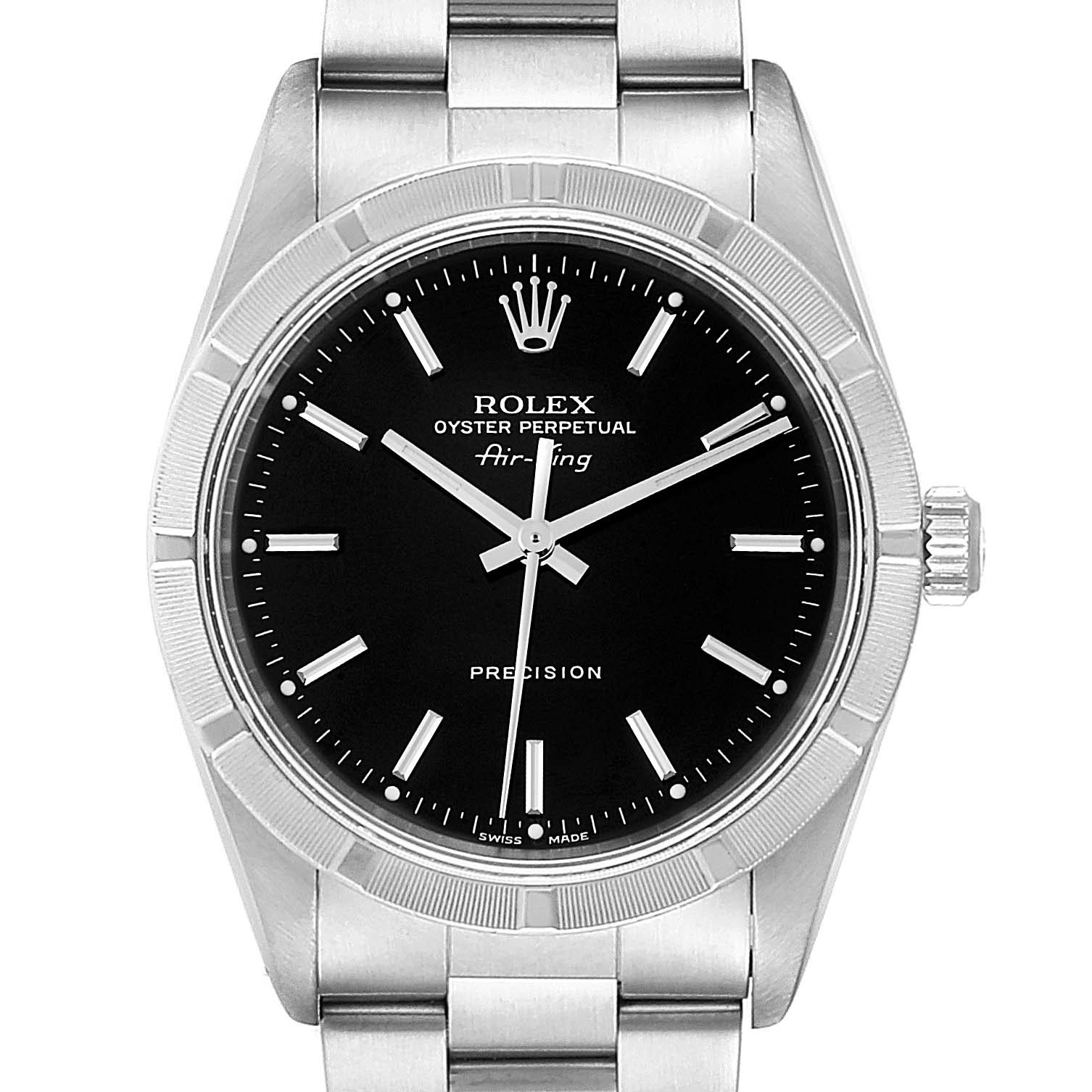 This image shows a front view of the Rolex Air-King 14010 Men's Stainless Steel Black Dial 14010 Men's Stainless Steel Black Dial watch, displaying its dial, hands, case, and part of the bracelet.