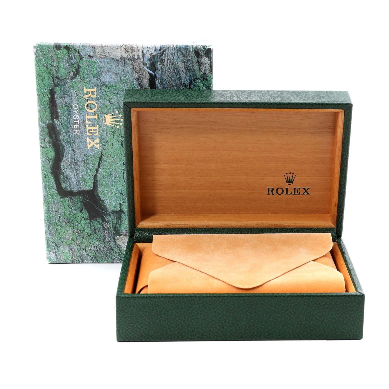 The image shows an open Rolex Air-King 14000 Men's Stainless Steel Pink Dial 14000 Men's Stainless Steel Pink Dial watch box, revealing the inner packaging and a protective pouch.