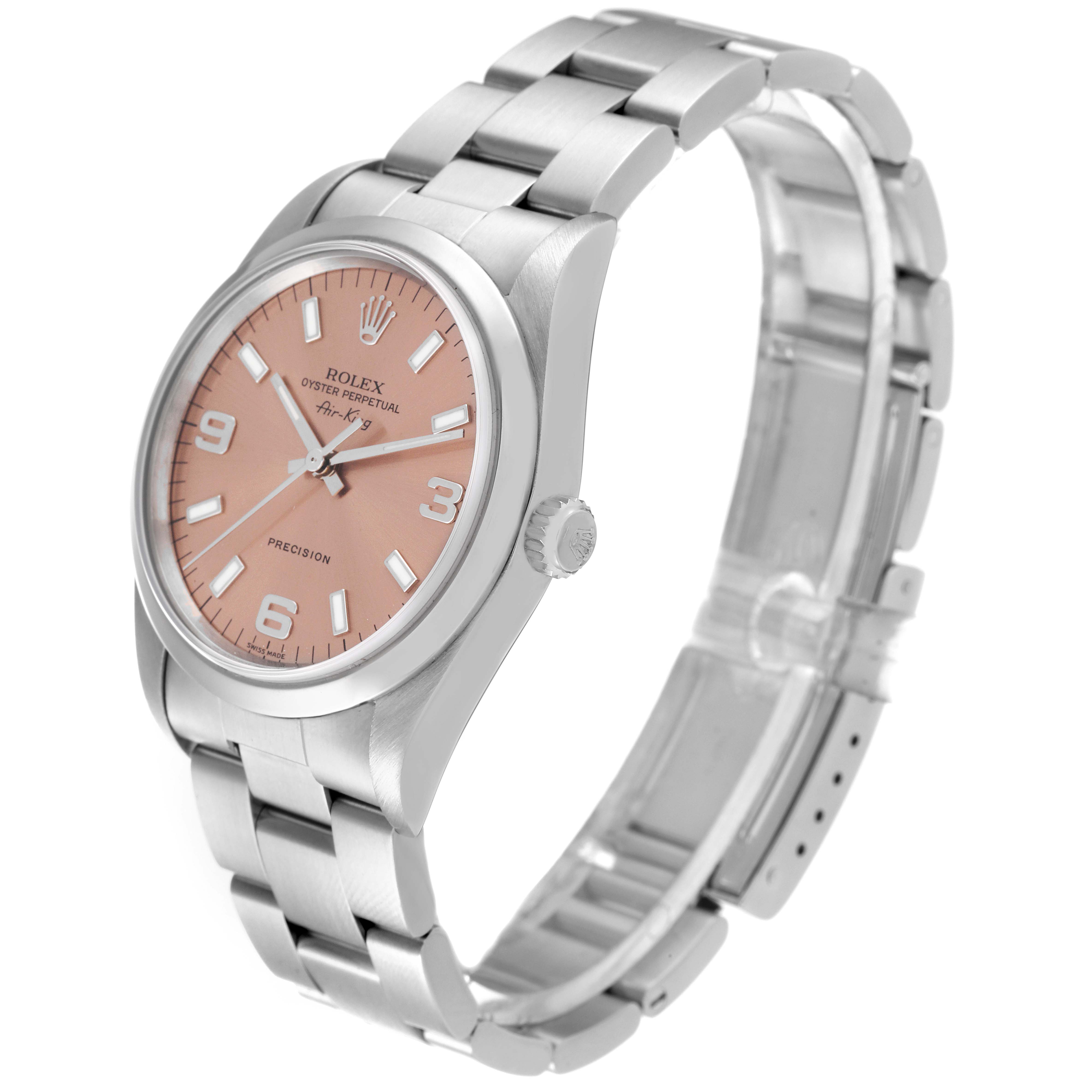 The image shows a Rolex Air-King 14000 Men's Stainless Steel Pink Dial 14000 Men's Stainless Steel Pink Dial watch angled from the front-left, highlighting its face, case, and bracelet.
