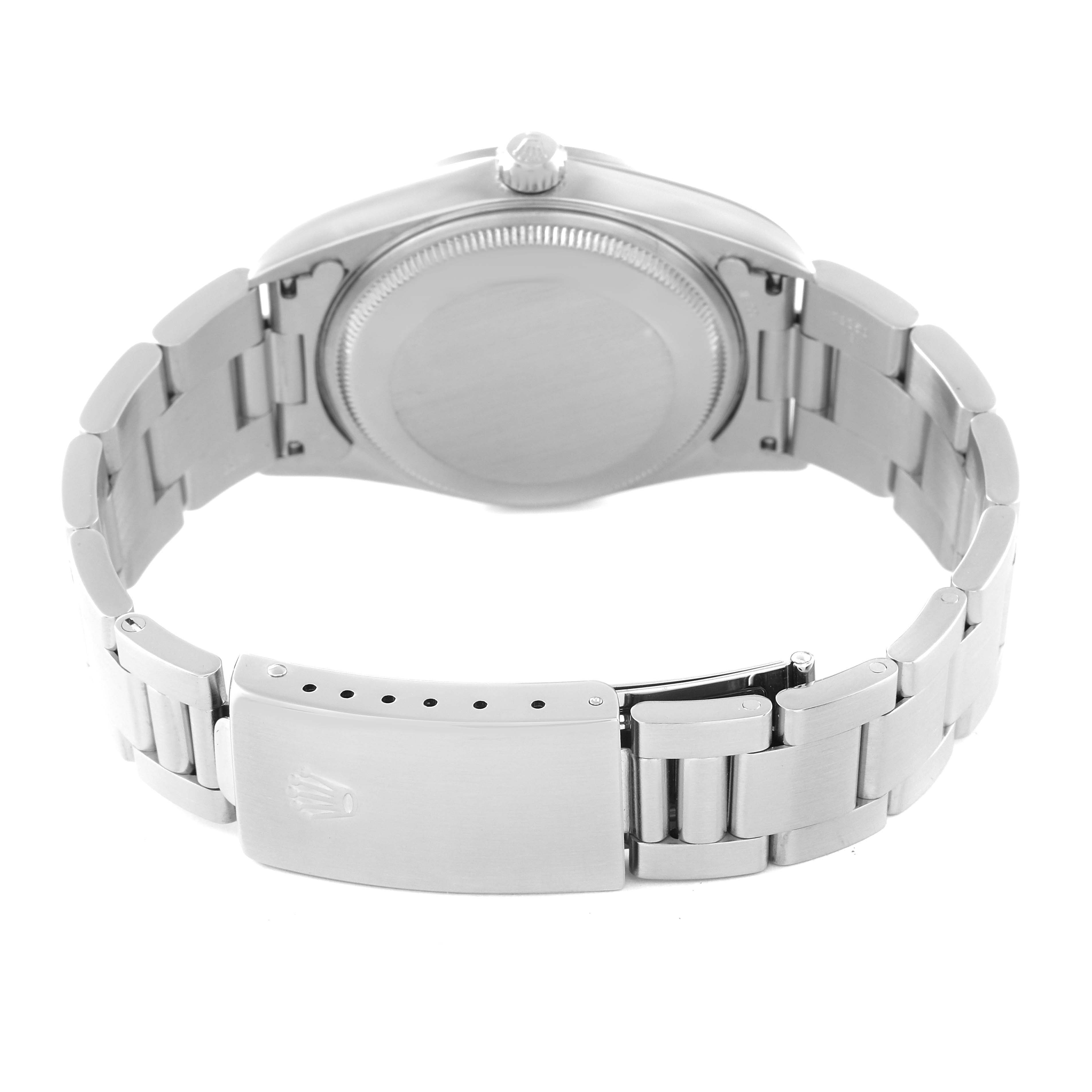 This image shows the back and bracelet clasp of a Rolex Air-King 14000 Men's Stainless Steel Pink Dial 14000 Men's Stainless Steel Pink Dial watch, taken from a rear angle.