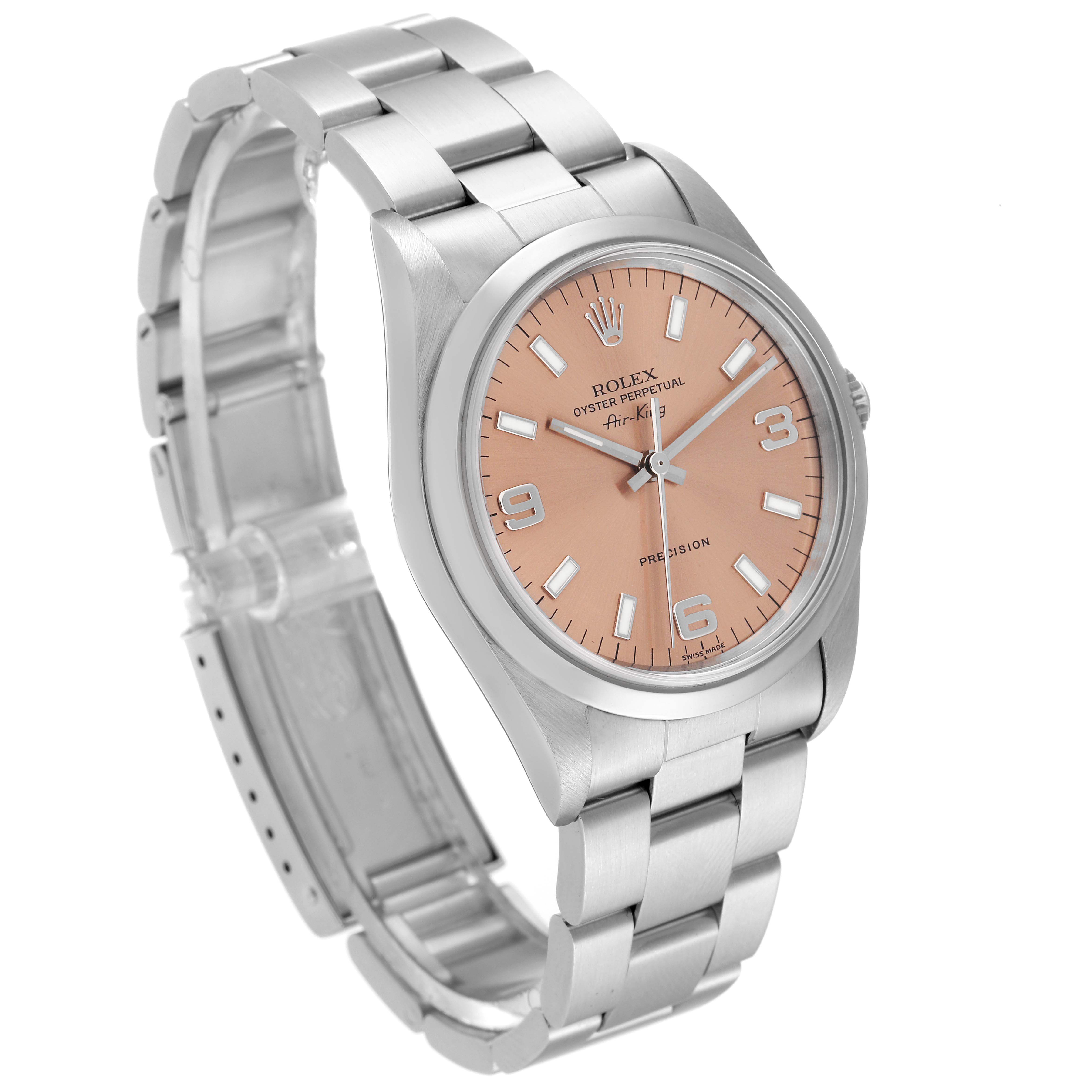 The Rolex Air-King 14000 Men's Stainless Steel Pink Dial 14000 Men's Stainless Steel Pink Dial watch is shown at a 3/4 angle, displaying its band, face, and side crown.