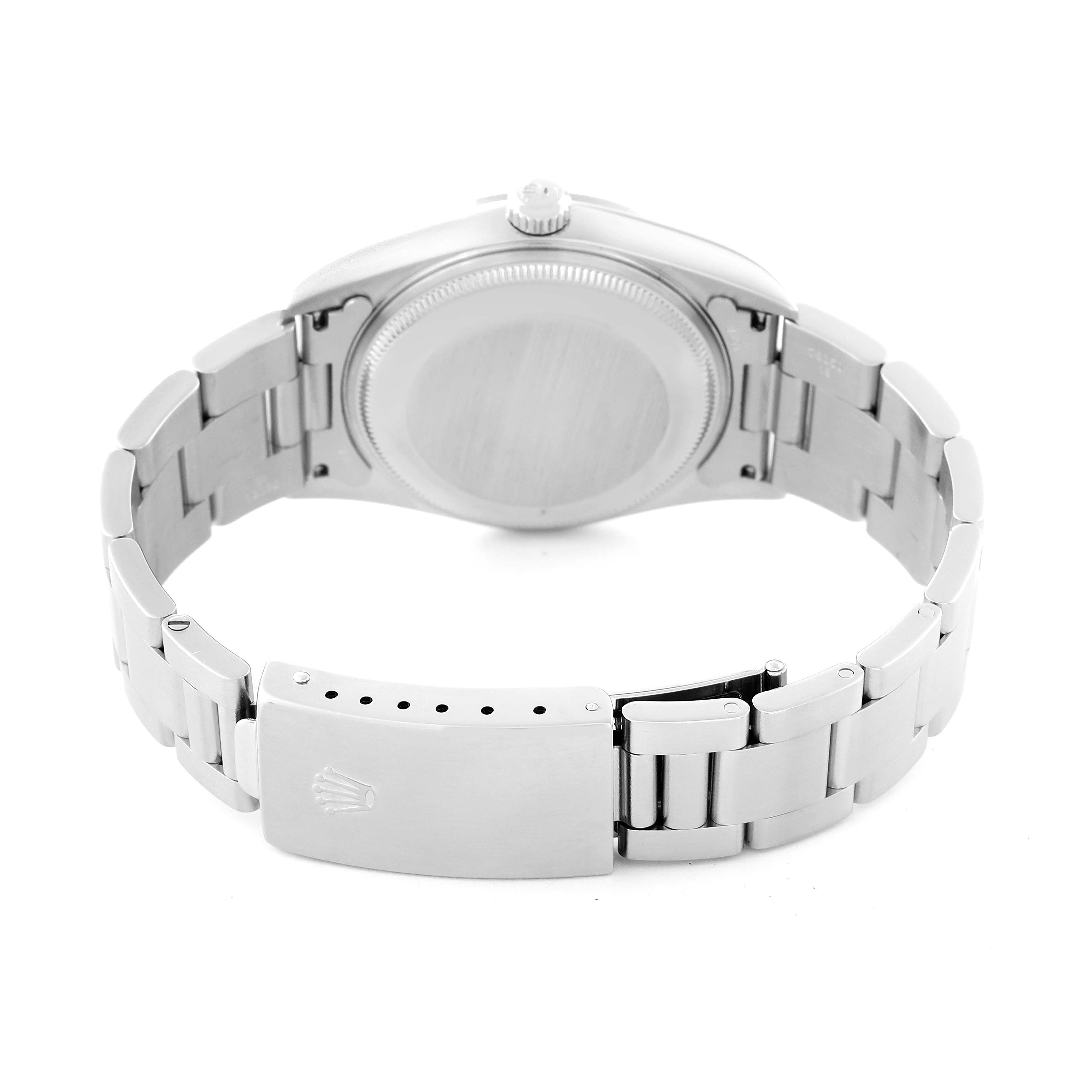 The image shows the case back and bracelet of the Rolex Air-King 14000 Men's Stainless Steel Black Dial 14000 Men's Stainless Steel Black Dial watch from a rear angle.