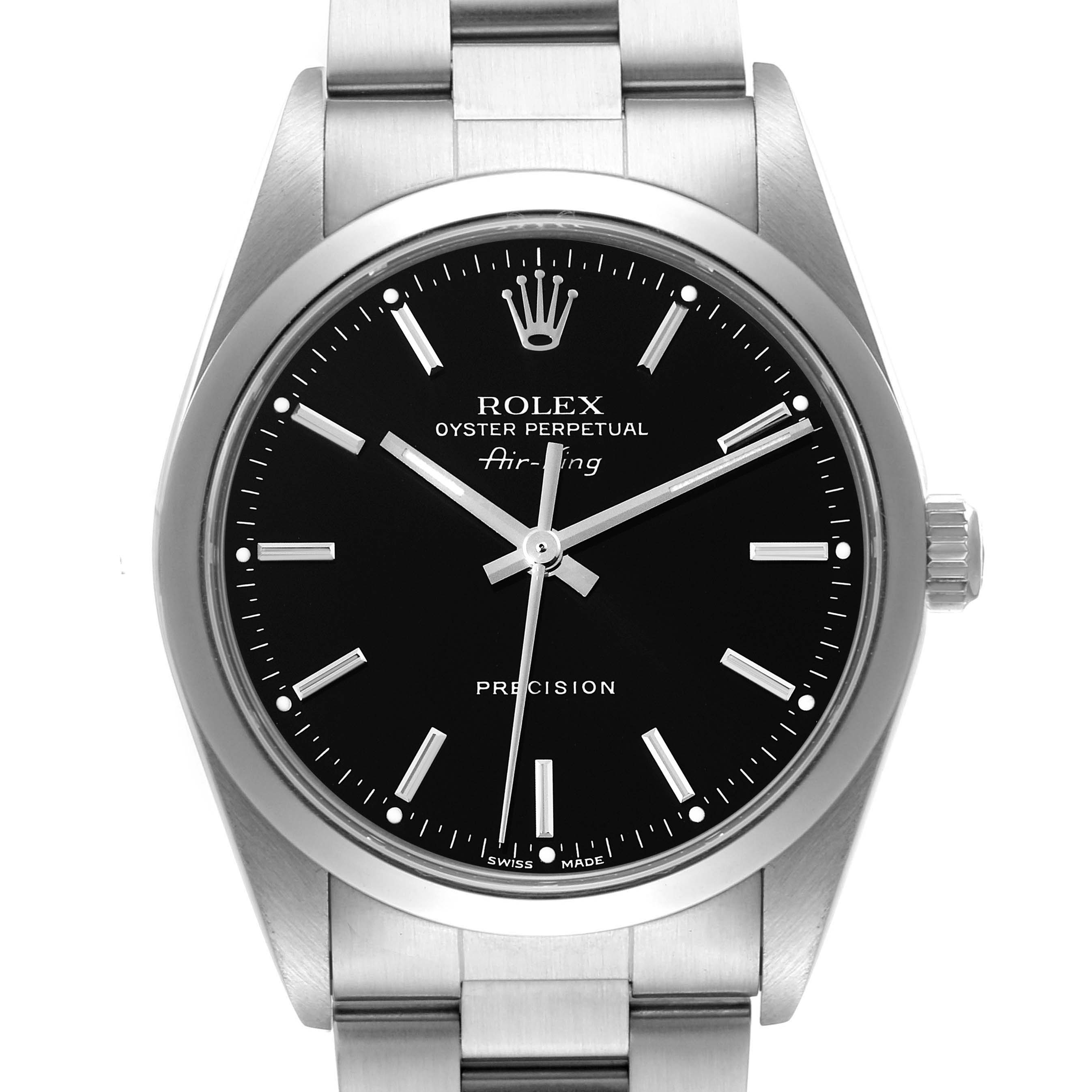 The image shows a front view of the Rolex Air-King 14000 Men's Stainless Steel Black Dial 14000 Men's Stainless Steel Black Dial watch, highlighting its black dial, silver case, and bracelet.