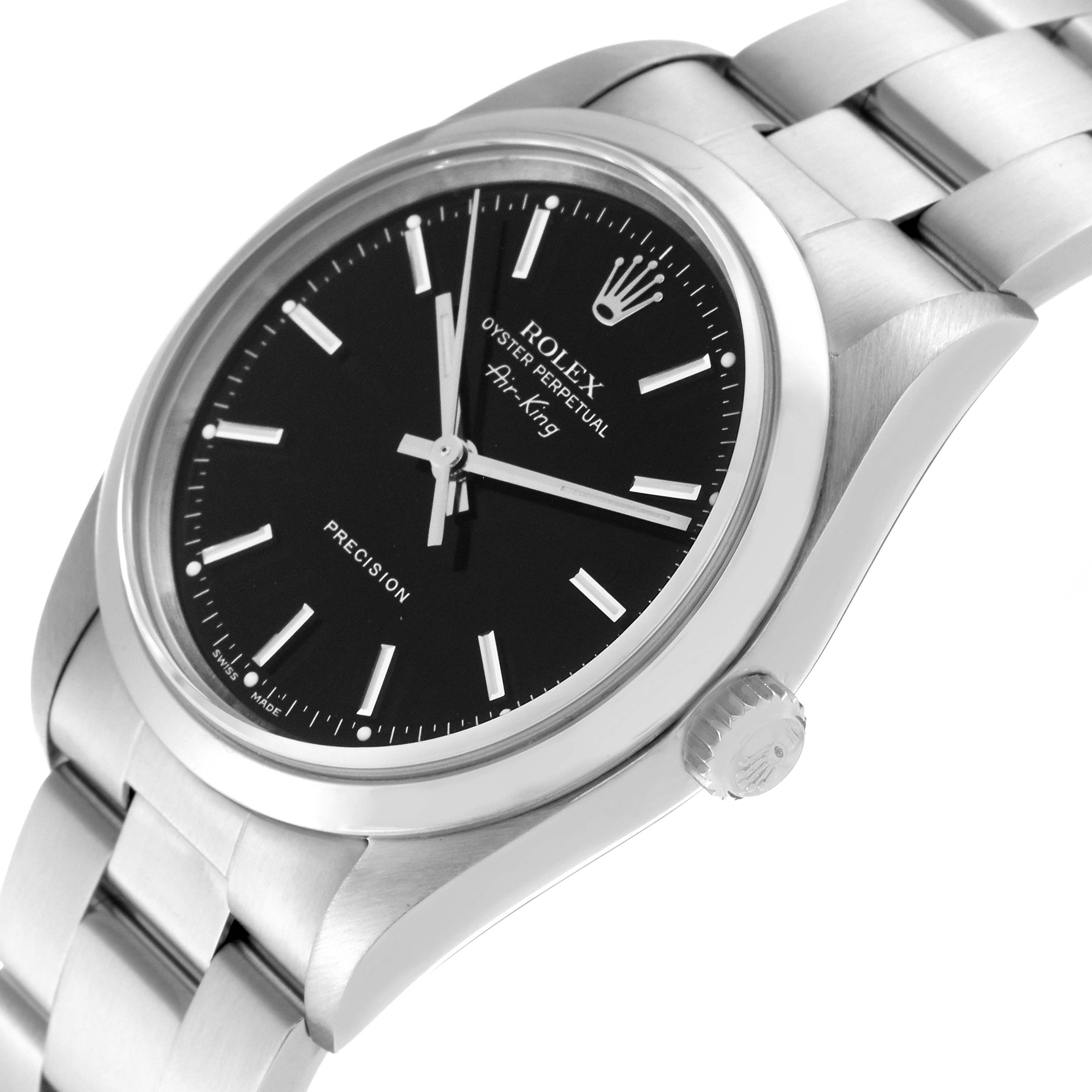 The image shows a close-up side angle of a Rolex Air-King 14000 Men's Stainless Steel Black Dial 14000 Men's Stainless Steel Black Dial watch, highlighting the face, bezel, crown, and bracelet.