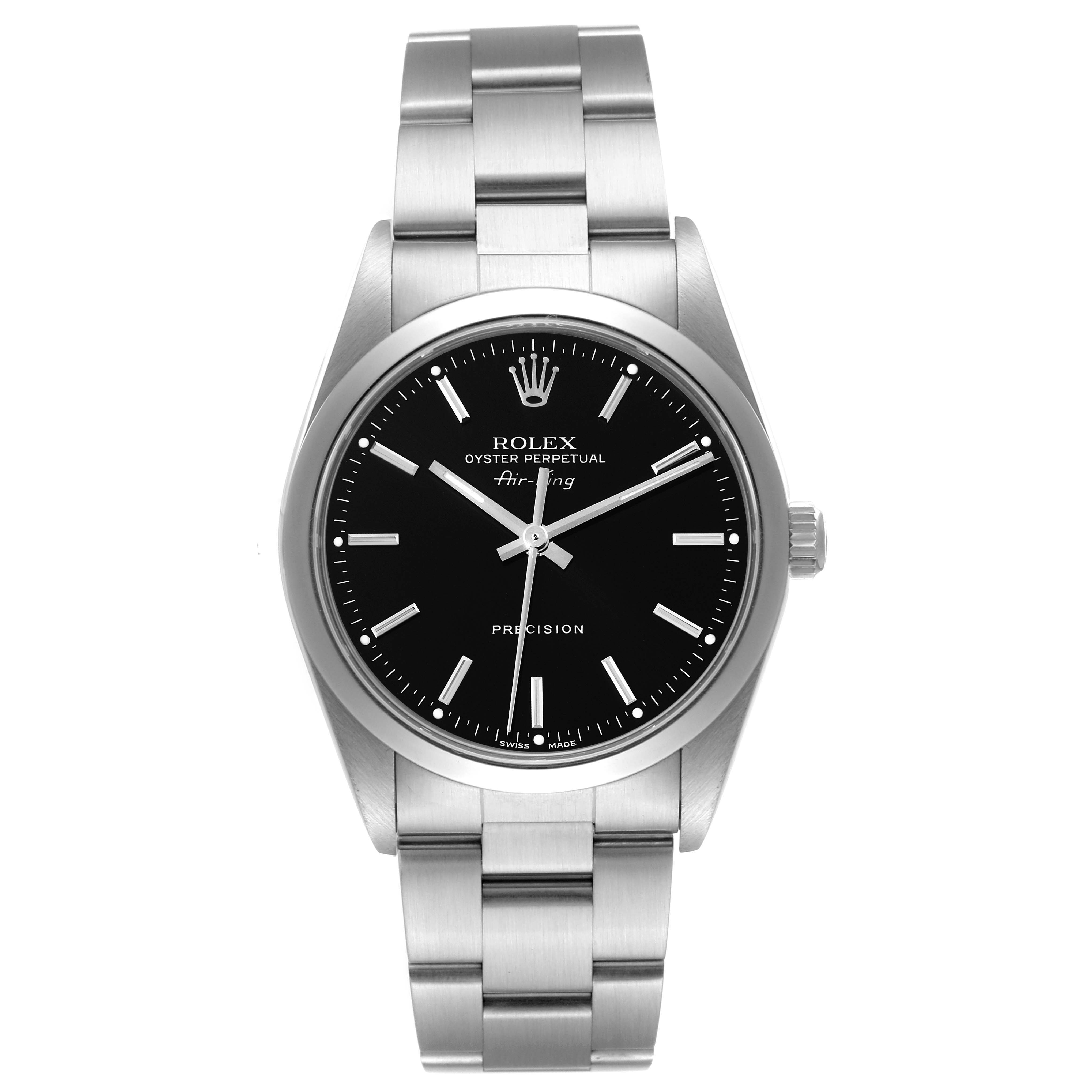 This image shows a front view of the Rolex Air-King 14000 Men's Stainless Steel Black Dial 14000 Men's Stainless Steel Black Dial watch, highlighting the face, hands, crown, and bracelet.
