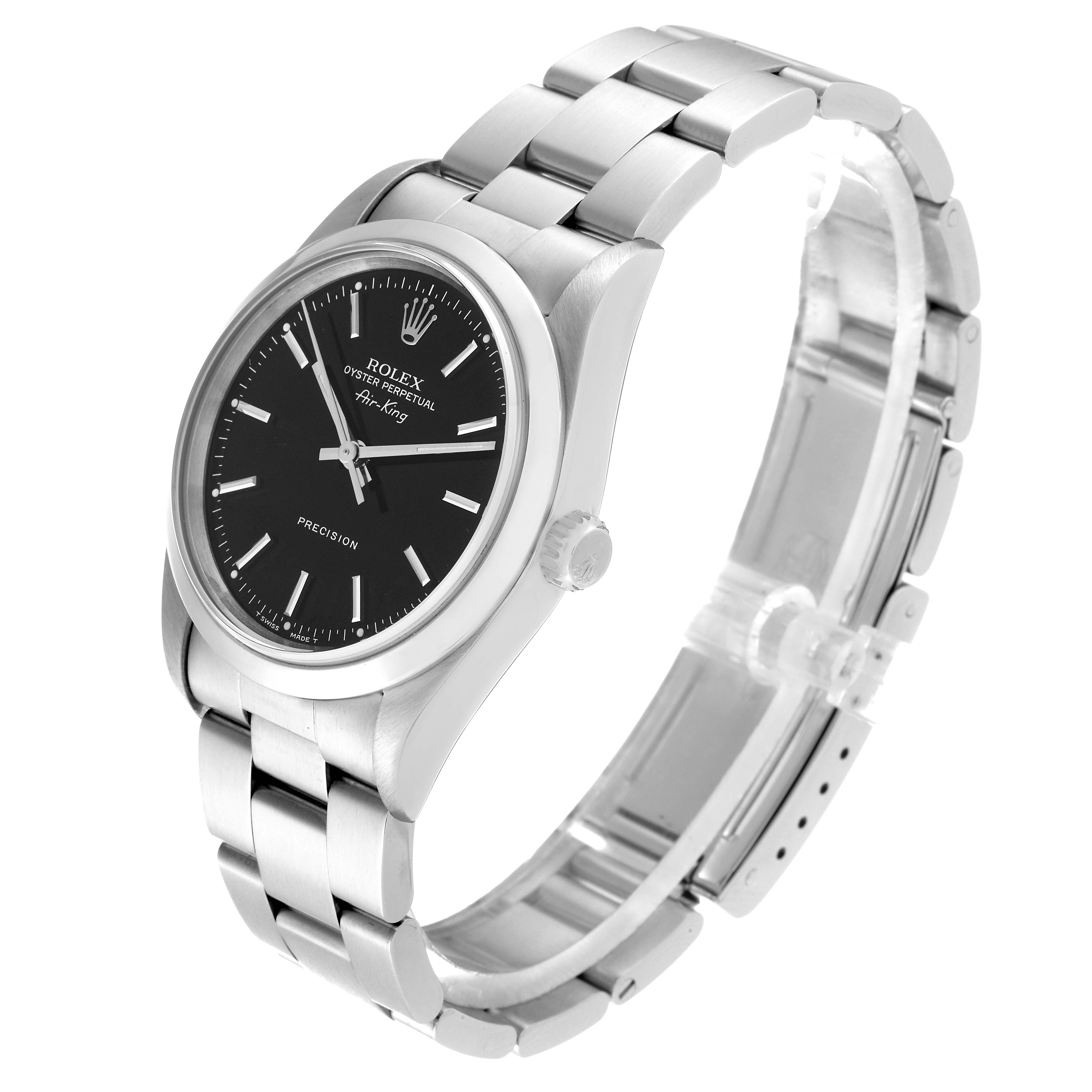 The image shows a side-angle view of the Rolex Air-King 14000 Men's Stainless Steel Black Dial 14000 Men's Stainless Steel Black Dial watch, featuring its black dial, crown, and stainless steel bracelet.