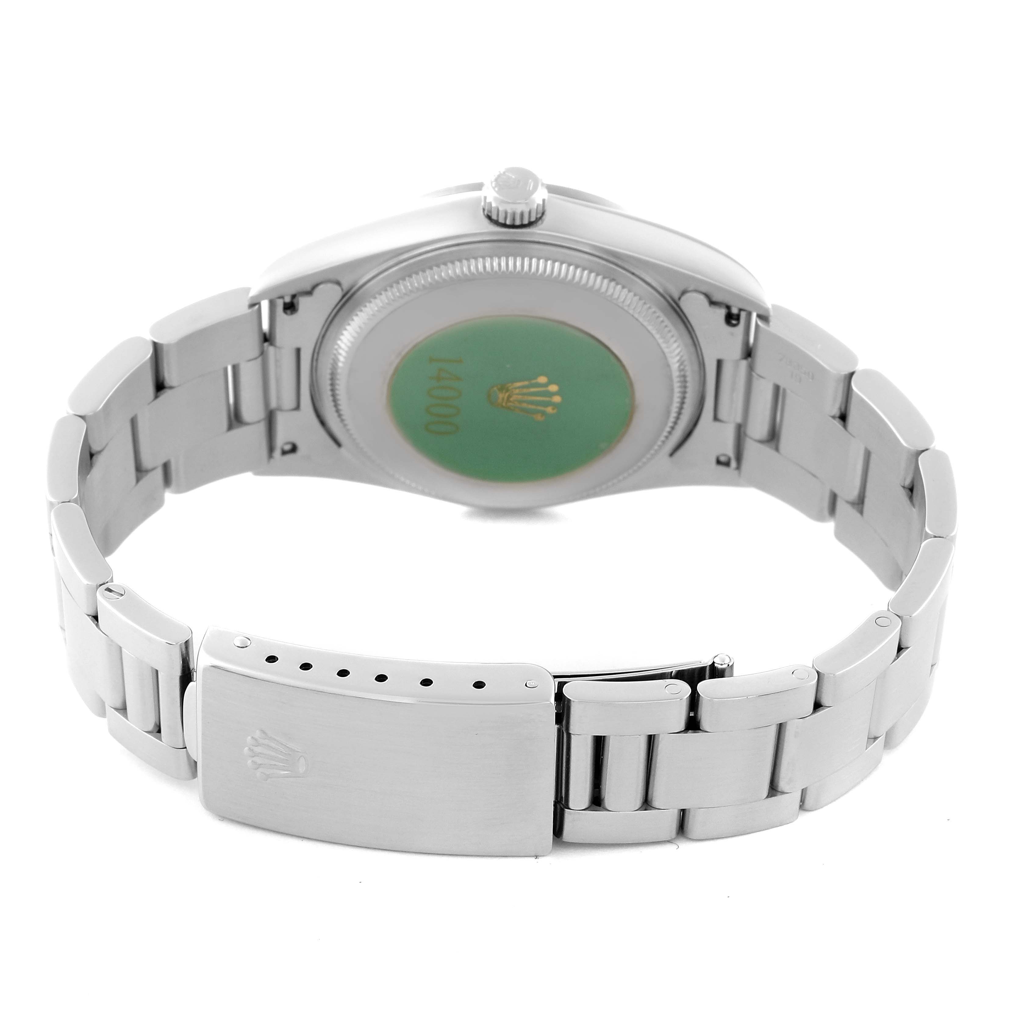 This image shows the back side and clasp of a Rolex Air-King 14000 Men's Stainless Steel Black Dial 14000 Men's Stainless Steel Black Dial watch, showcasing the bracelet and case back.