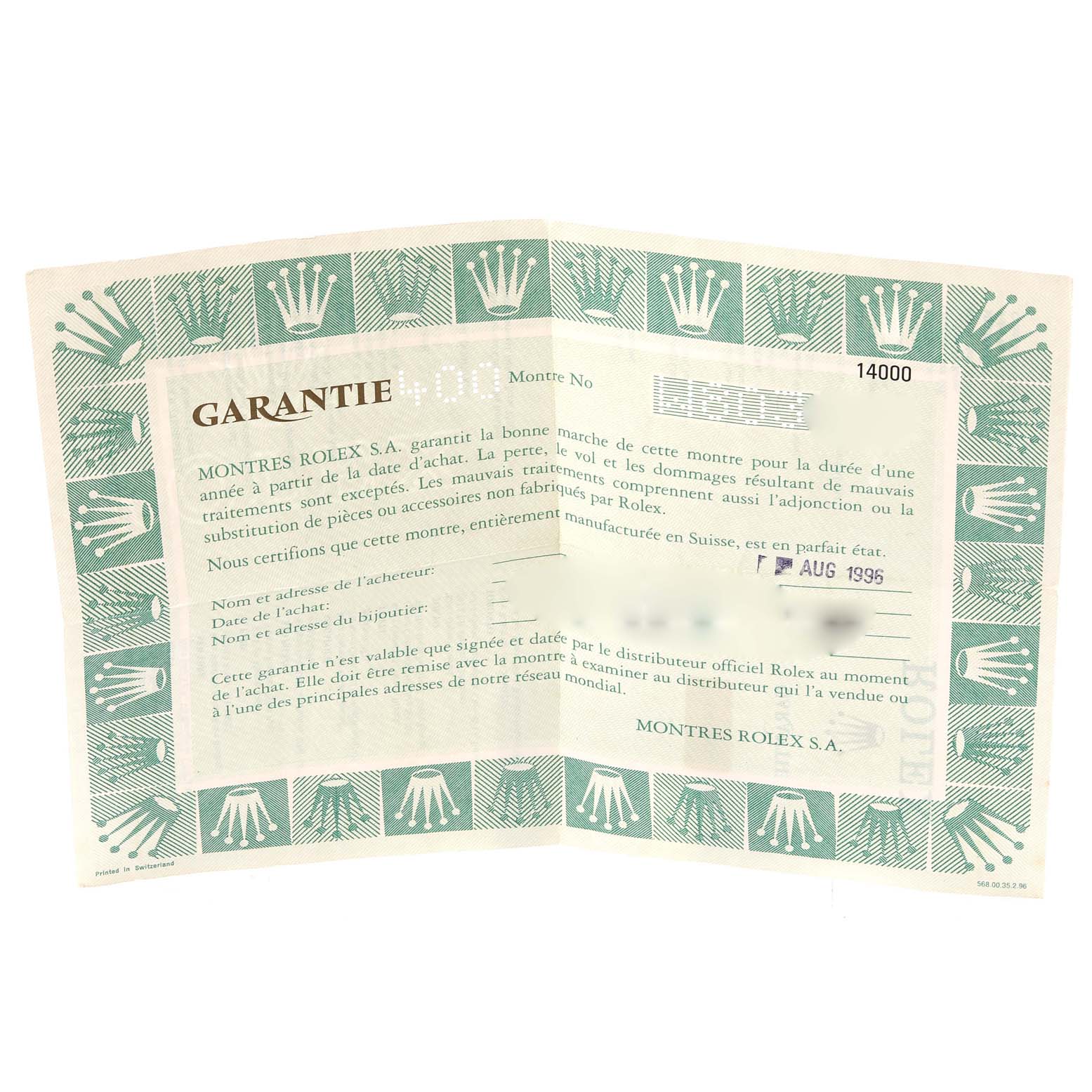 This image shows the warranty document for the Rolex Air-King 14000 Men's Stainless Steel Black Dial 14000 Men's Stainless Steel Black Dial model.