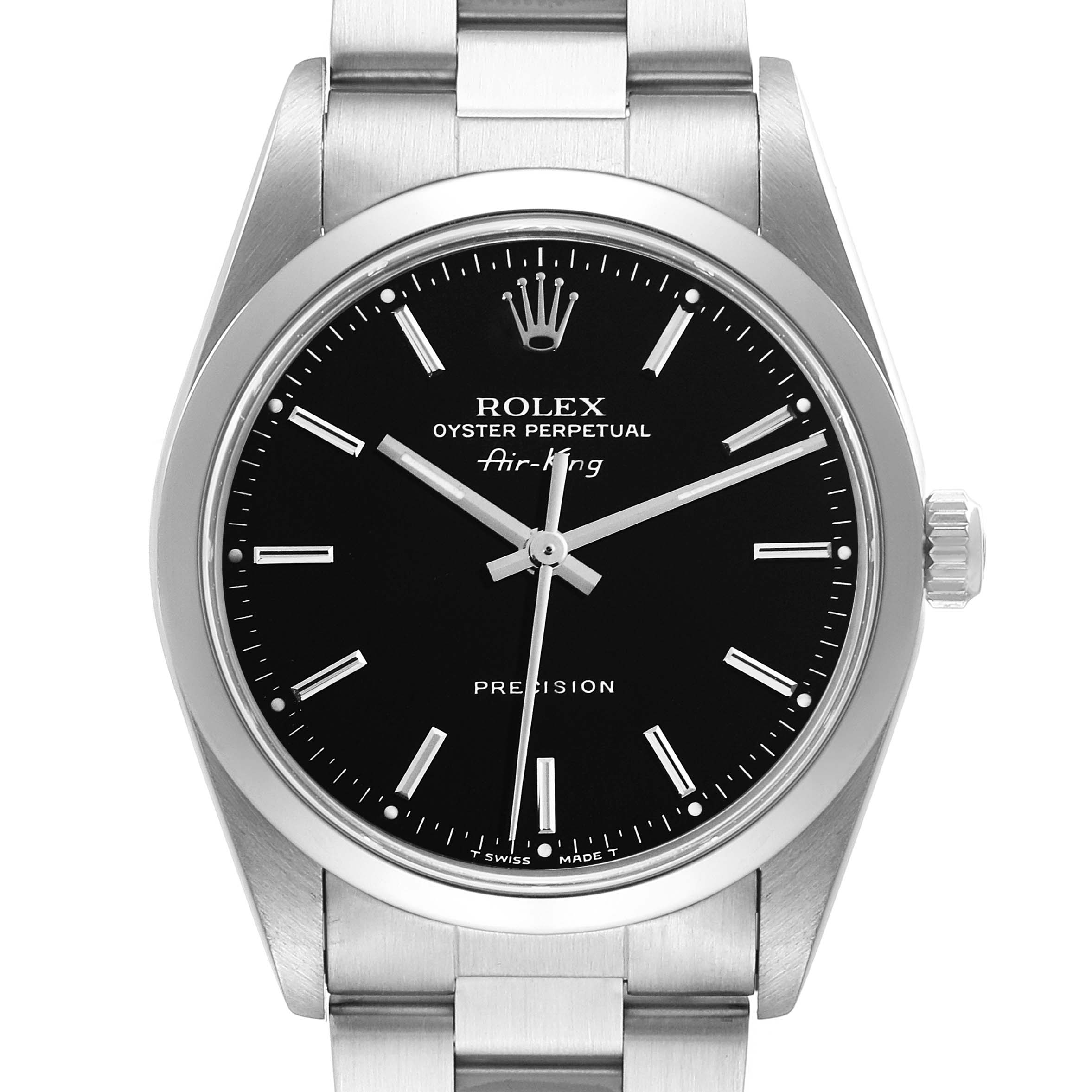 The image shows a front view of the Rolex Air-King 14000 Men's Stainless Steel Black Dial 14000 Men's Stainless Steel Black Dial watch displaying its black dial and metallic strap.