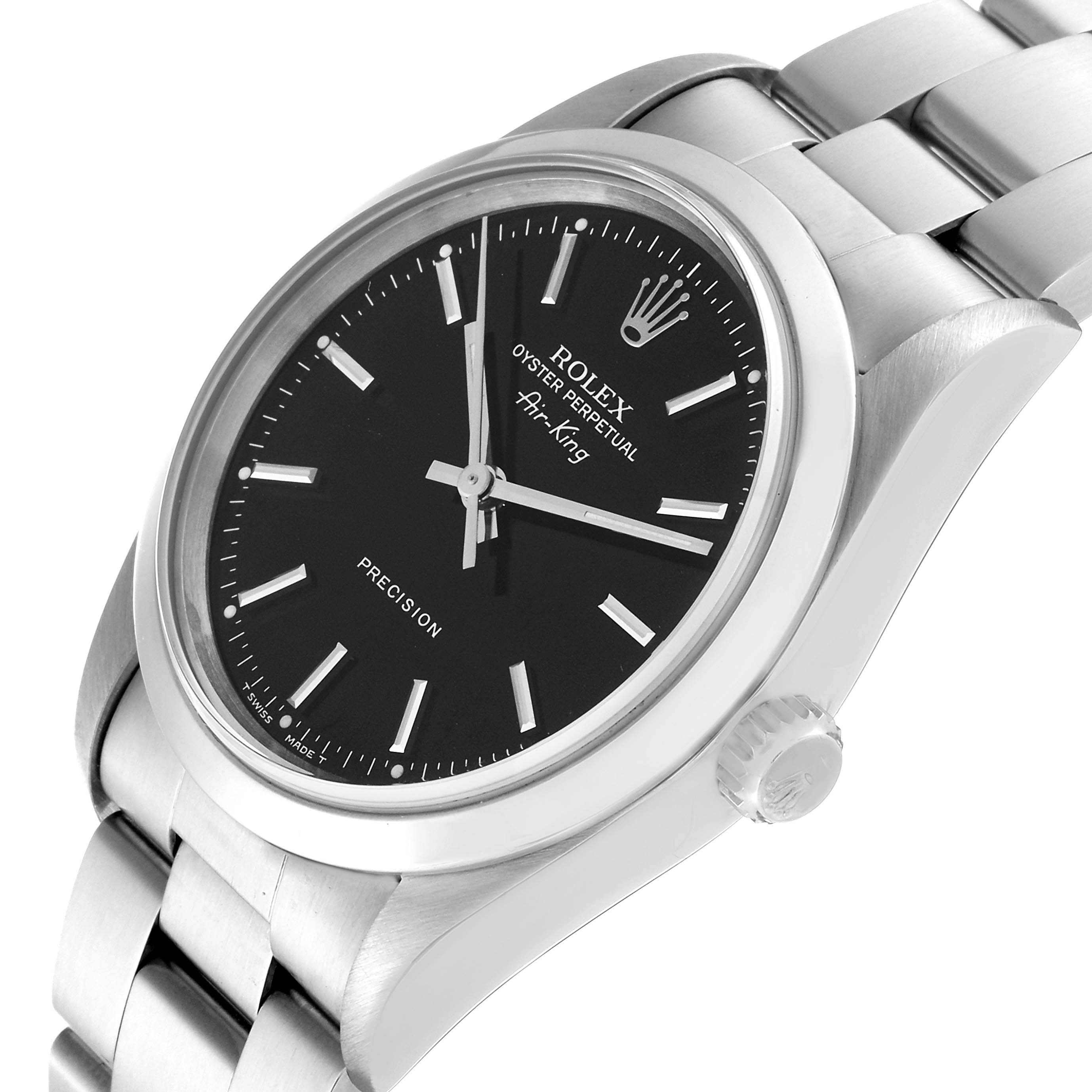 The image shows a Rolex Air-King 14000 Men's Stainless Steel Black Dial 14000 Men's Stainless Steel Black Dial watch at an oblique angle, highlighting the black dial, crown, and stainless steel bracelet.