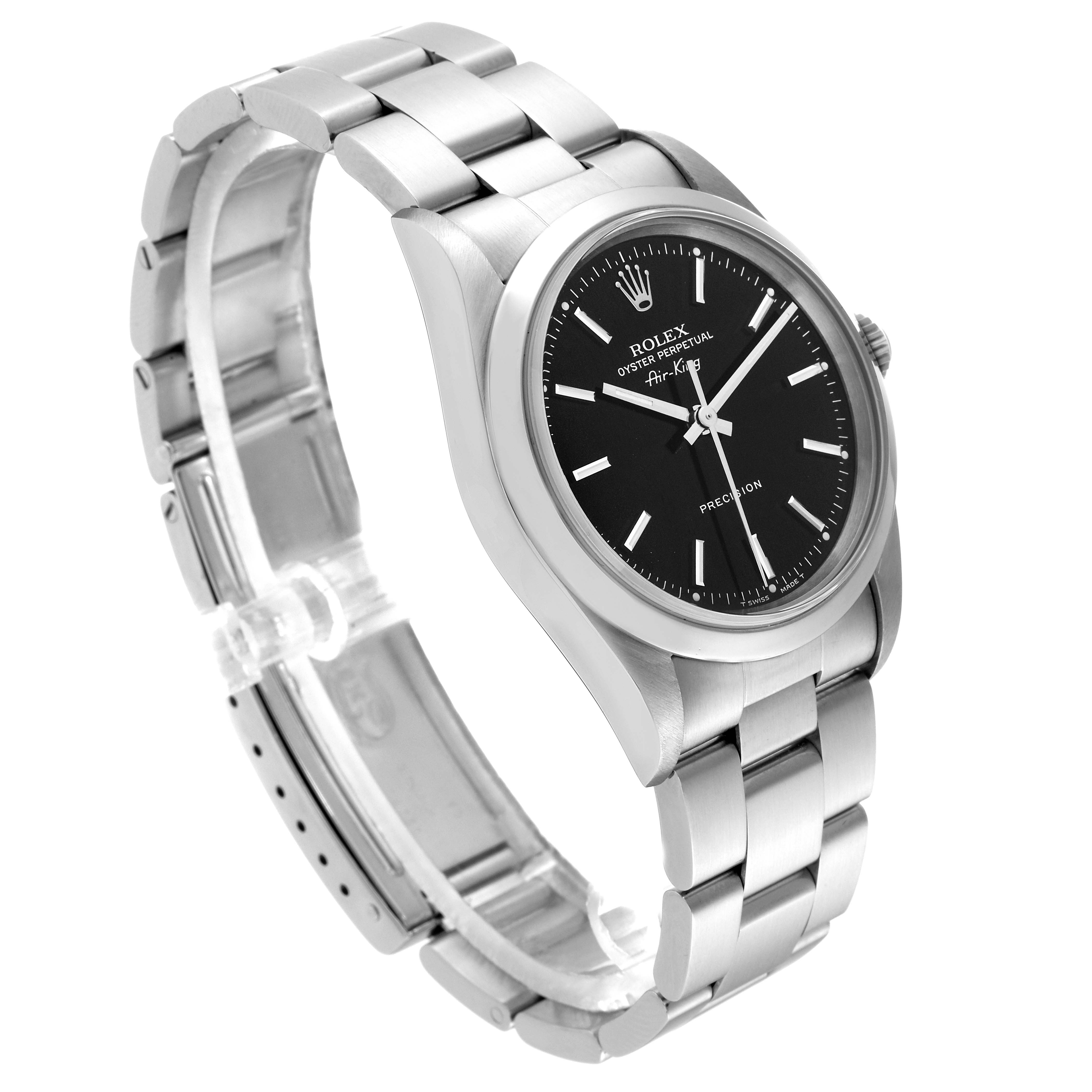 The Rolex Air-King 14000 Men's Stainless Steel Black Dial 14000 Men's Stainless Steel Black Dial watch is displayed at an angle, showing the case, dial, crown, and watch bracelet.