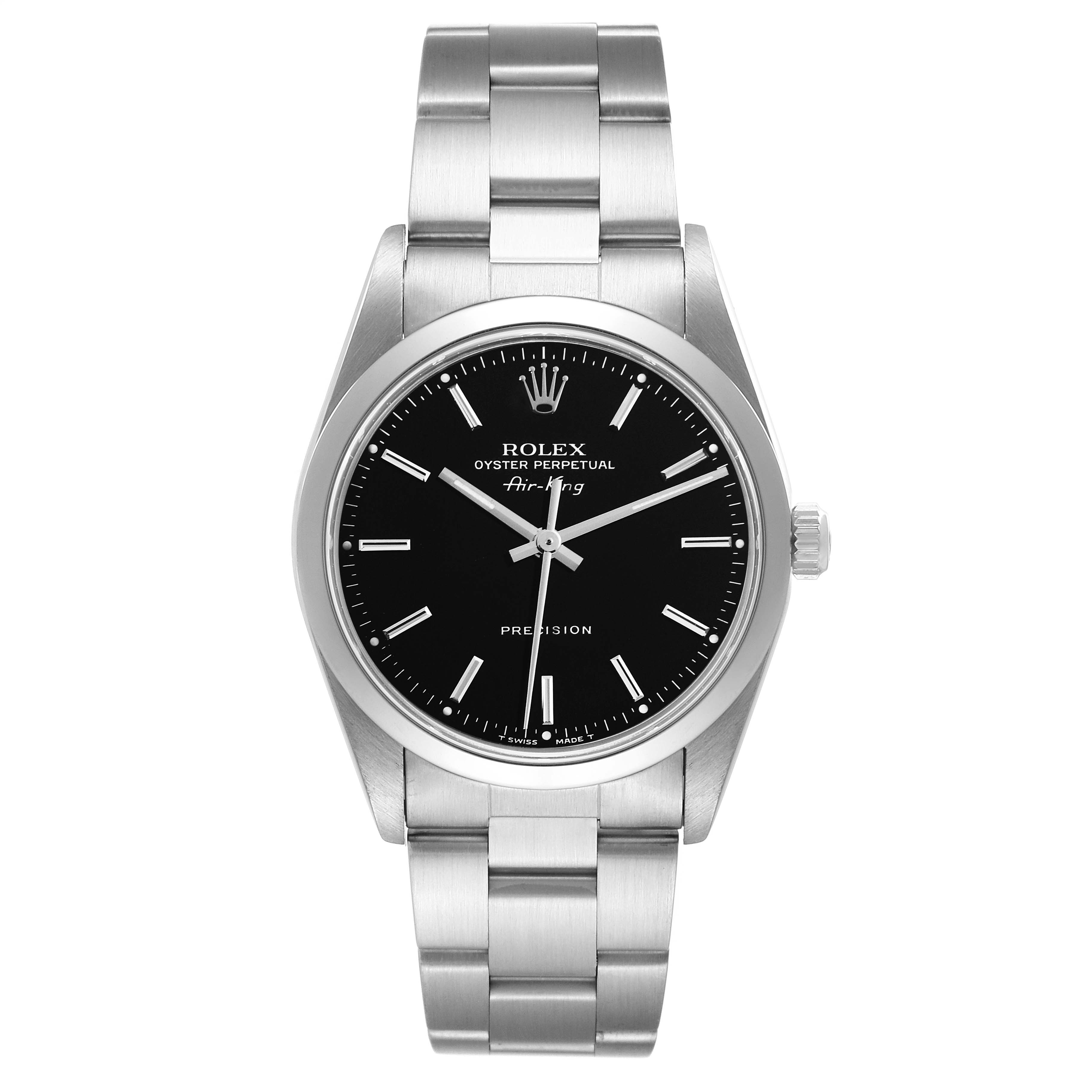 The image shows a front view of the Rolex Air-King 14000 Men's Stainless Steel Black Dial 14000 Men's Stainless Steel Black Dial watch, displaying its black dial, stainless steel case, and bracelet.
