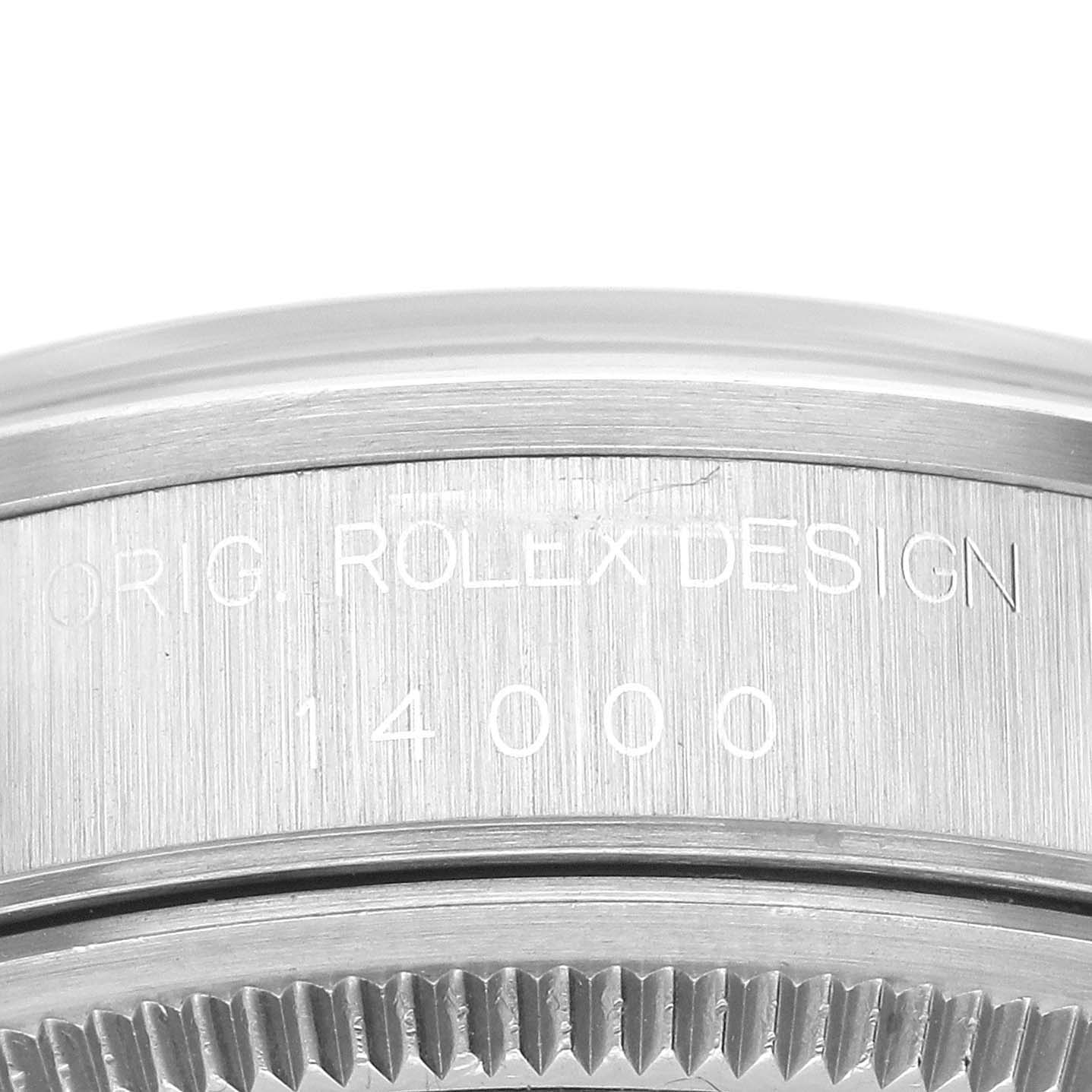 The image shows a close-up of the case and bezel of a Rolex Air-King 14000 Men's Stainless Steel Black Dial 14000 Men's Stainless Steel Black Dial watch, highlighting the "ORIG. ROLEX DESIGN" engraving.